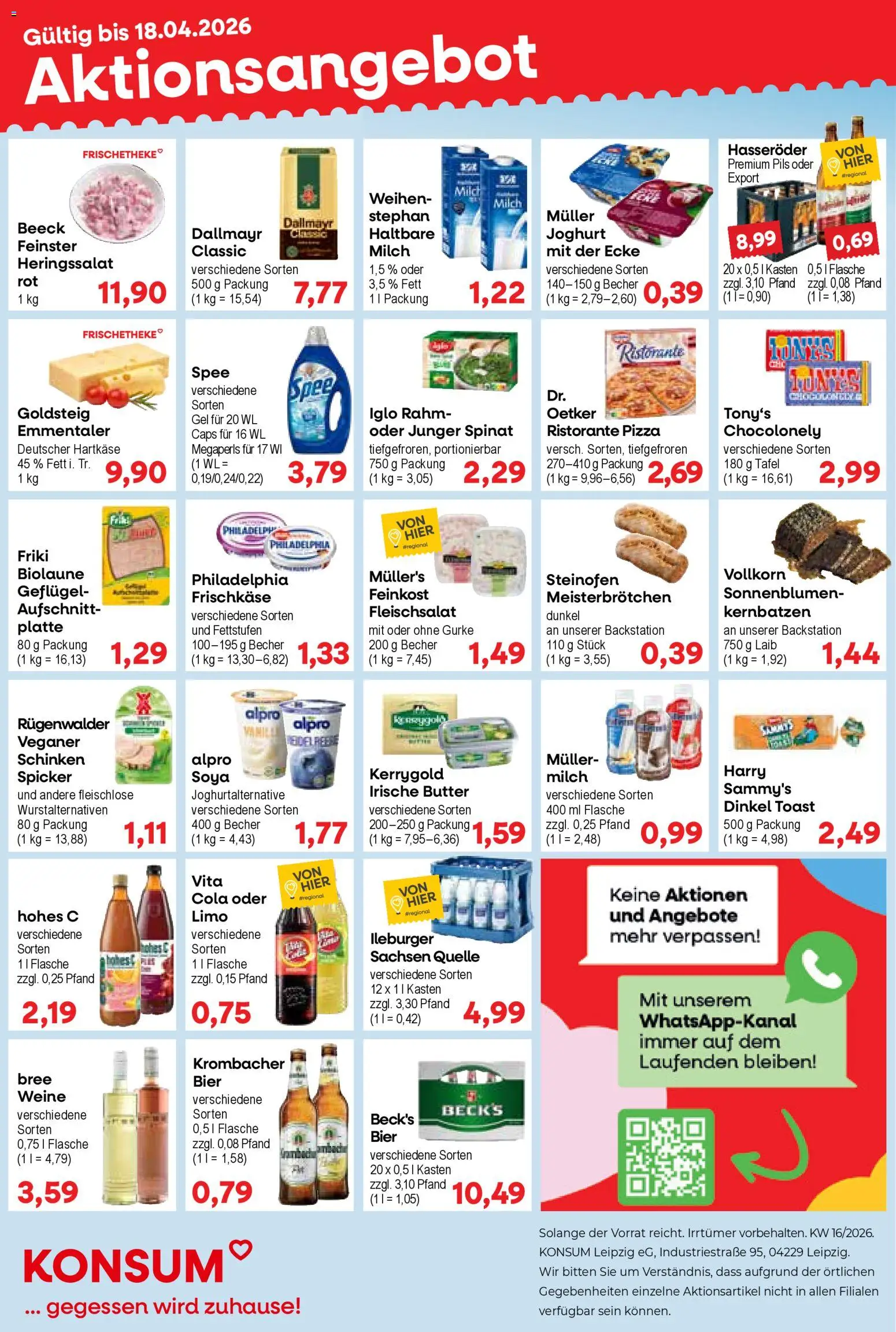 KONSUM Leipzig Prospekt – gültig ab 13.04.2026 | Seite: 1 | Produkte: Toast, Philadelphia, Bree, Hasseröder