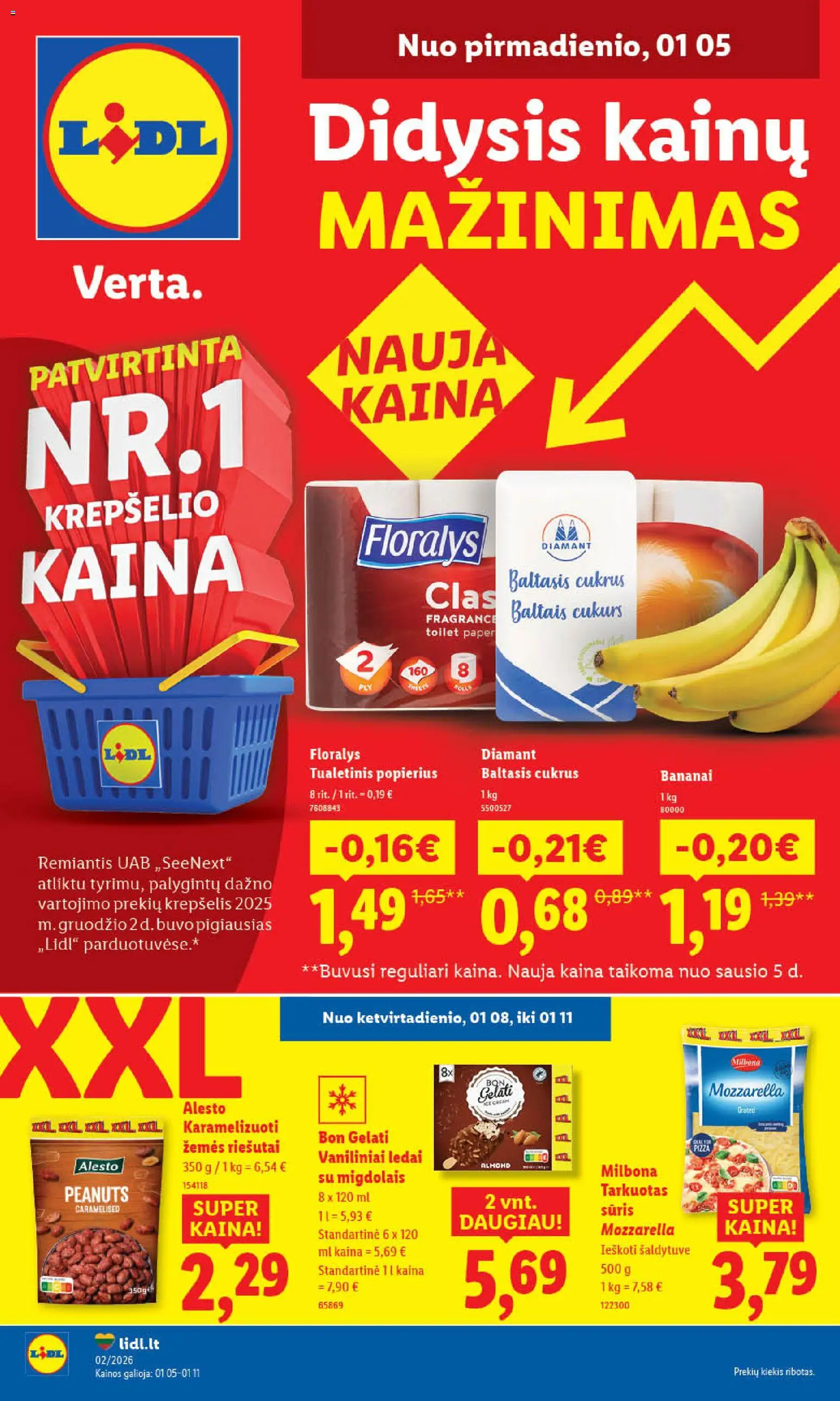 LIDL akcijos nuo 05.01.2026 | Puslapis: 1 | Prekių: Sūris, Krepšelis, Bananai, Tualetinis popierius