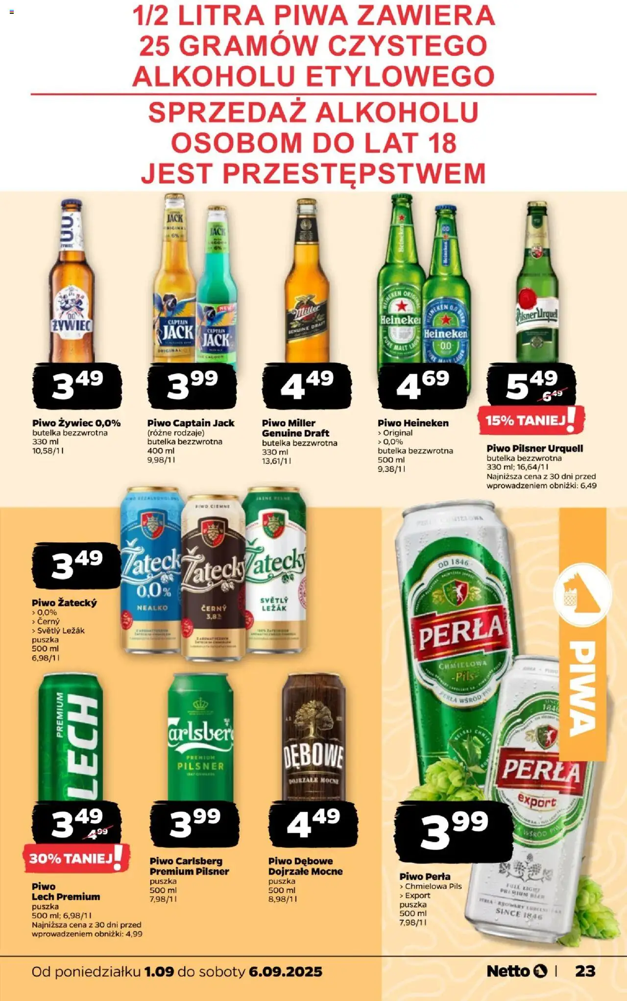 Netto gazetka - Spożywcza od 01.09.2025 | Strona: 23 | Produkty: Piwo perła, Piwo Carlsberg, Piwo, Heineken