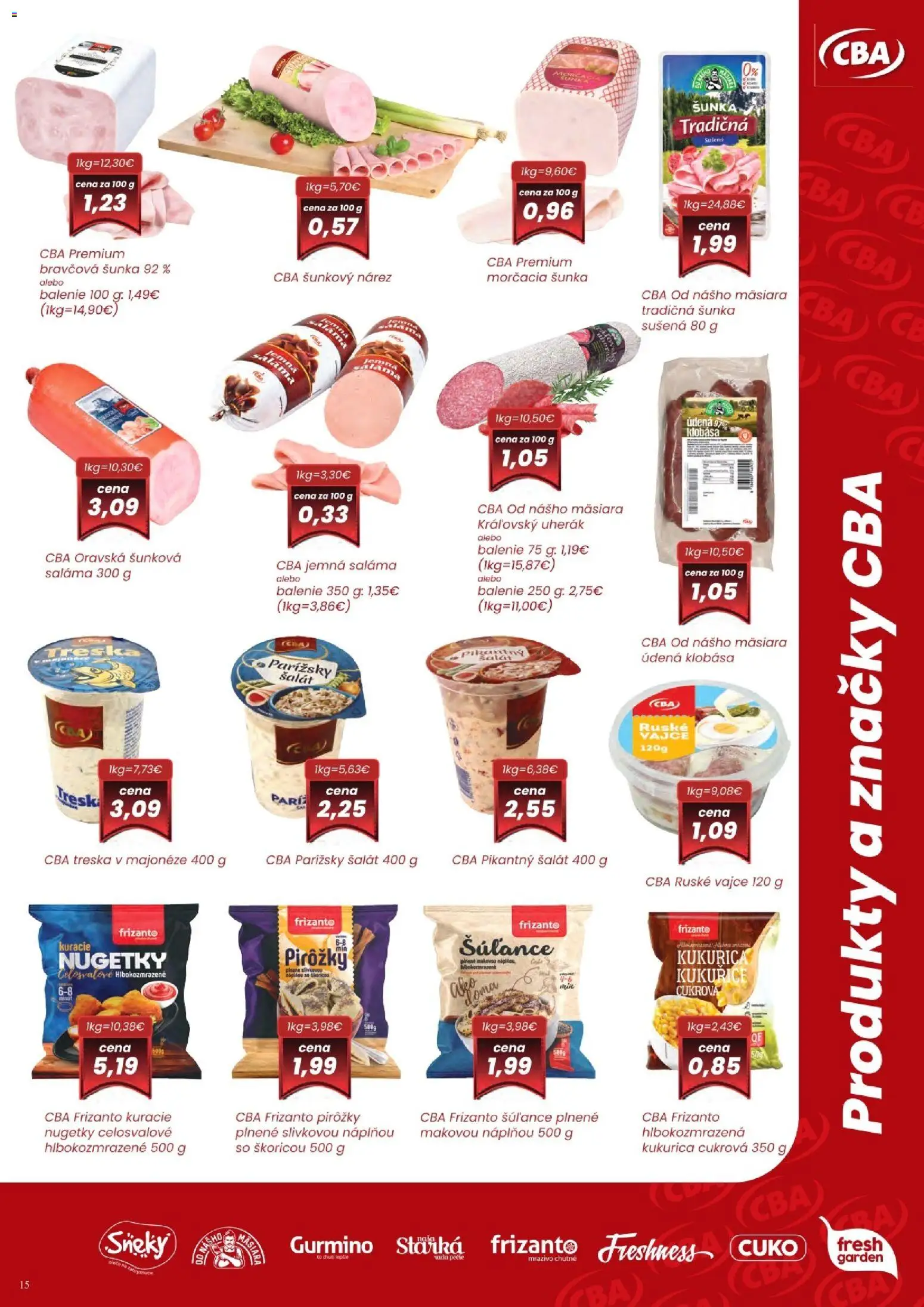 Nové CBA Komfos akcie – leták je platný od 07.05.2026 | Strana: 14 | Produkty: Šunka, Klobása, Šalát, Treska