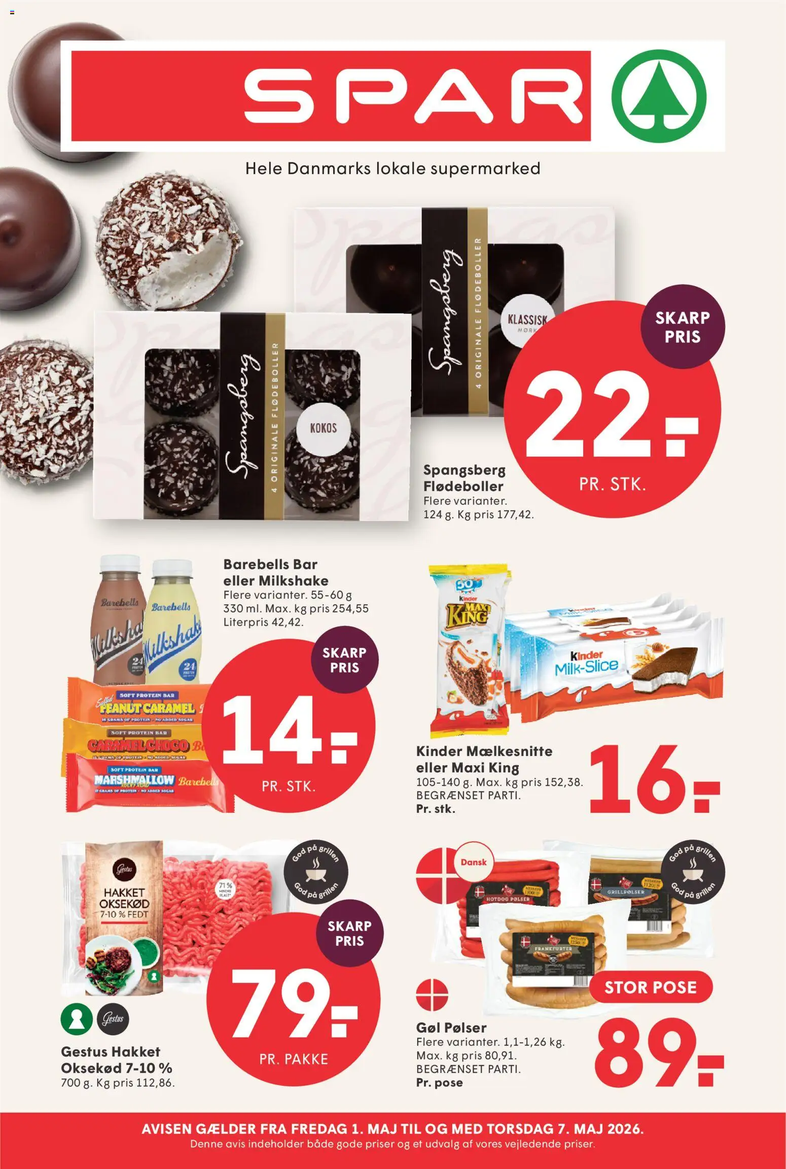 Spar tilbudsavis – gyldig fra 01.05.2026 | Side: 1 | Produkter: Pølser, Oksekød, Milkshake, Is