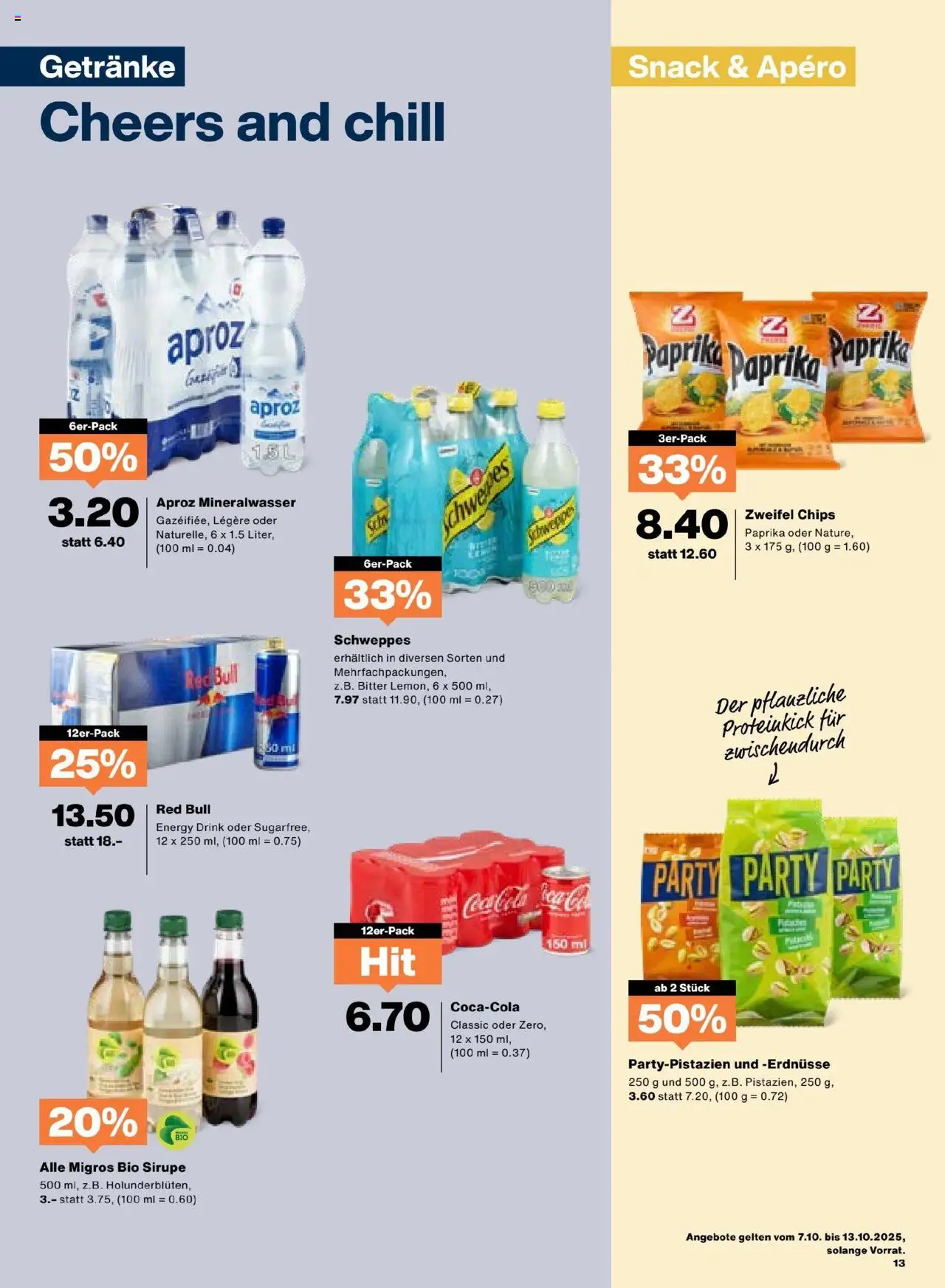 Migros Aktionen – gültig ab 07.10.2025 | Seite: 13 | Produkte: Erdnüsse, Red bull, Mineralwasser, Chips
