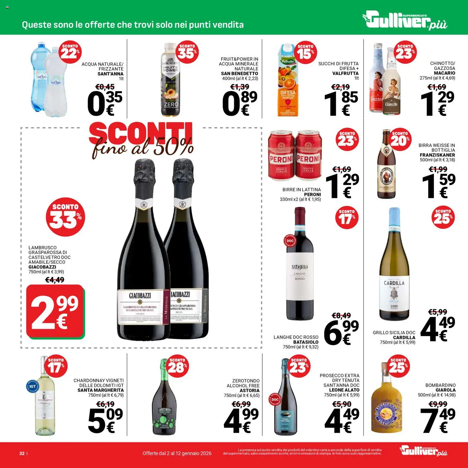 Volantino Gulliver del 02.01.2026 | Pagina: 32 | Prodotti: Birra, Frutta, Acqua minerale, Bottiglia