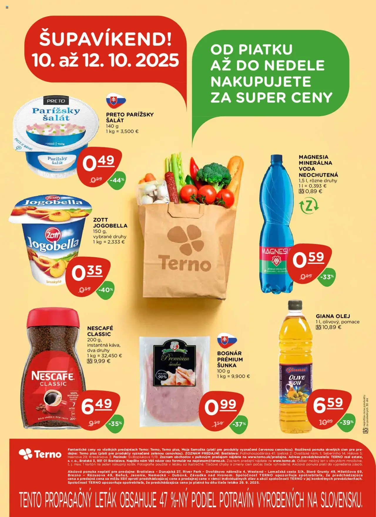 Nové Terno akcie – leták je platný od 09.10.2025 | Strana: 20 | Produkty: Olej, Šunka, Šalát, Minerálna voda