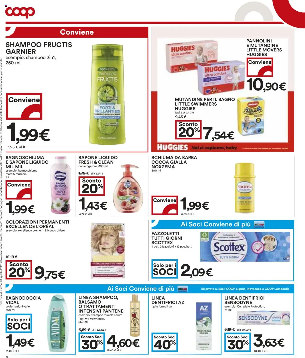 Volantino COOP del 07.08.2025 | Pagina: 22 | Prodotti: Shampoo, Pannolini, Fazzoletti, Mutandine