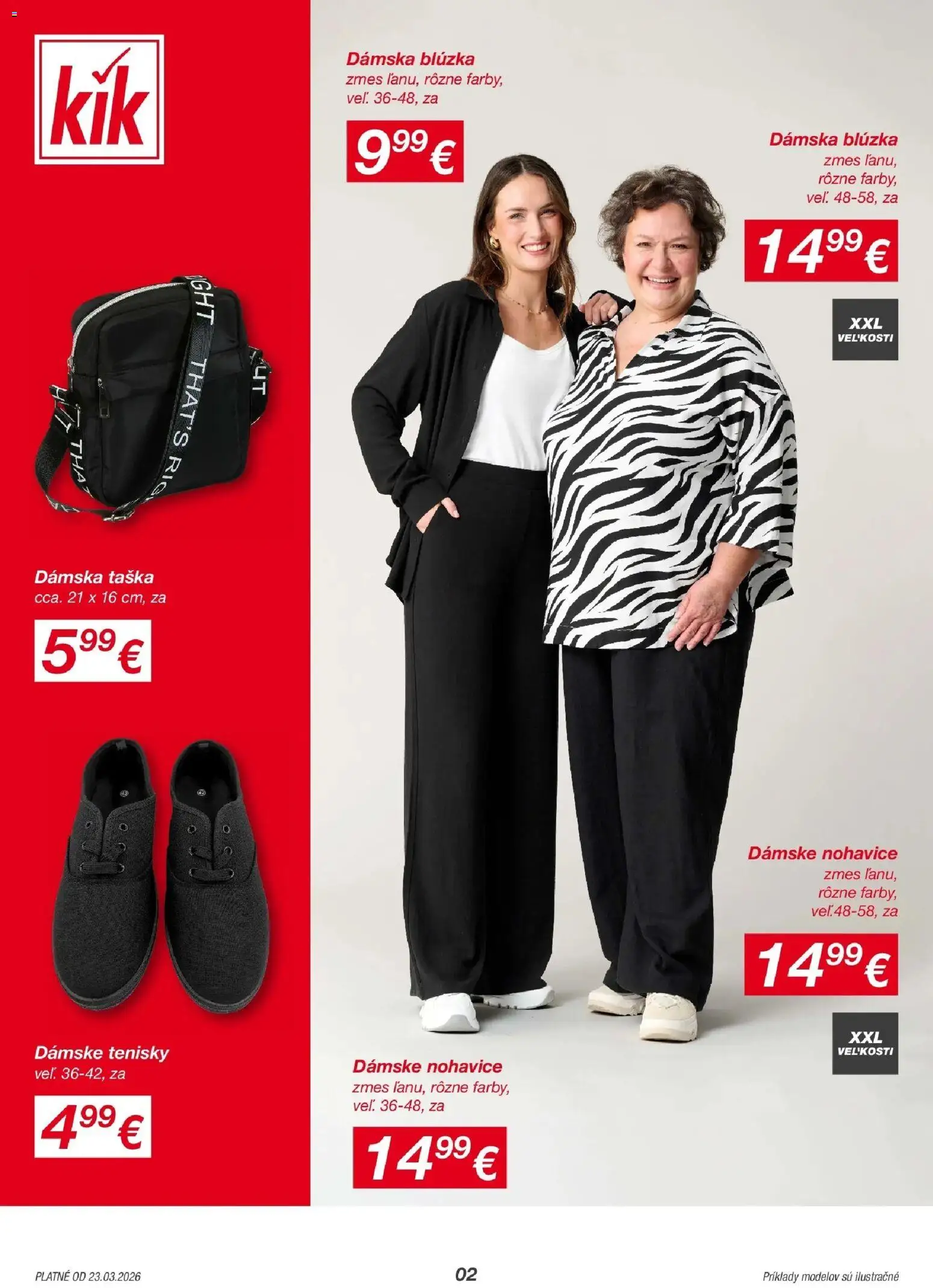 Nové Kik akcie – leták je platný od 19.03.2026 | Strana: 2 | Produkty: Nohavice, Tenisky, Dámske tenisky, Taška