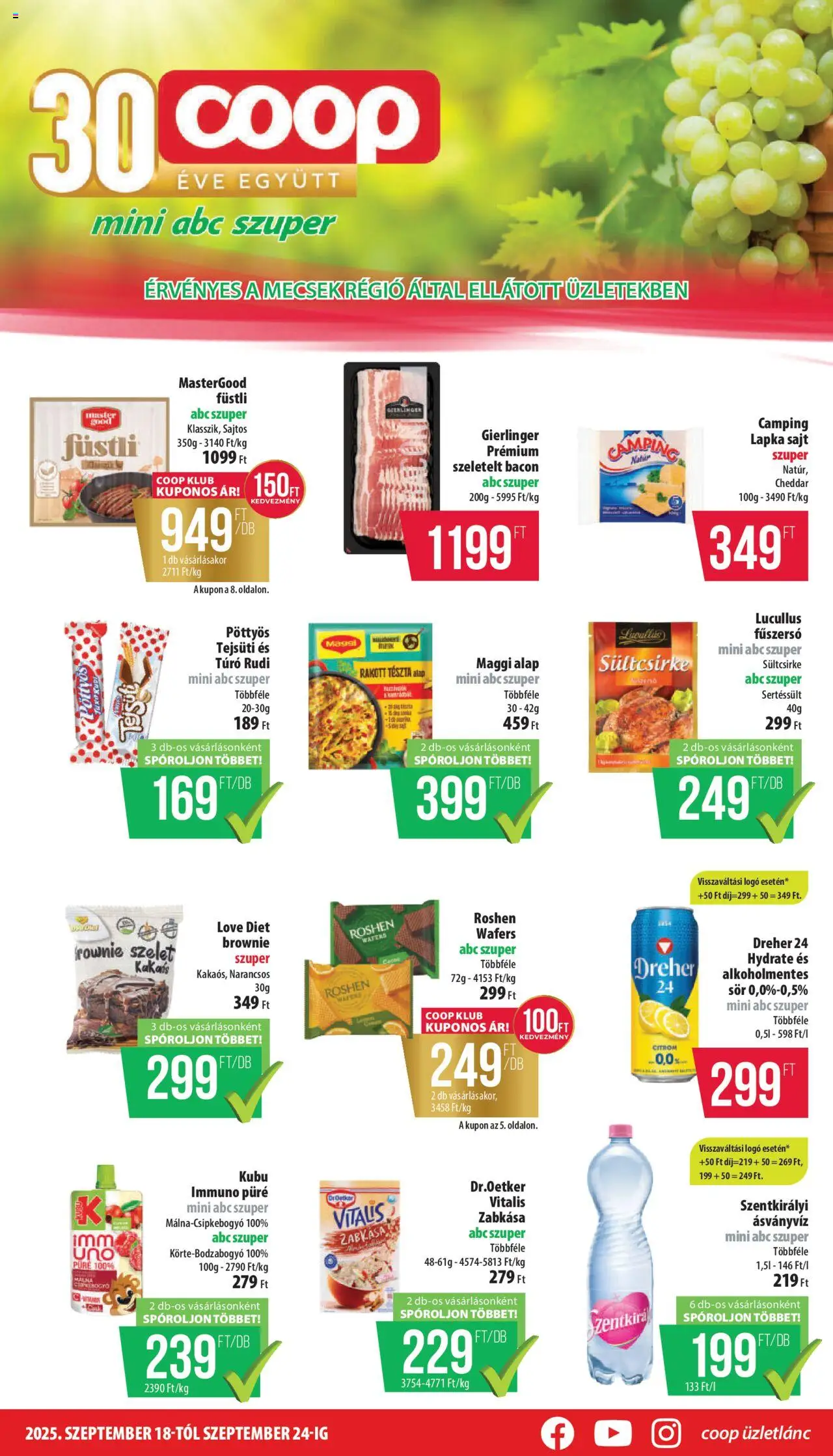 COOP akciós ujság - amely érvényes a következő dátumtól: 18.09.2025 | Oldal: 1 | Termékek: Túró rudi, Szeletelt bacon, Bacon, Ásványvíz