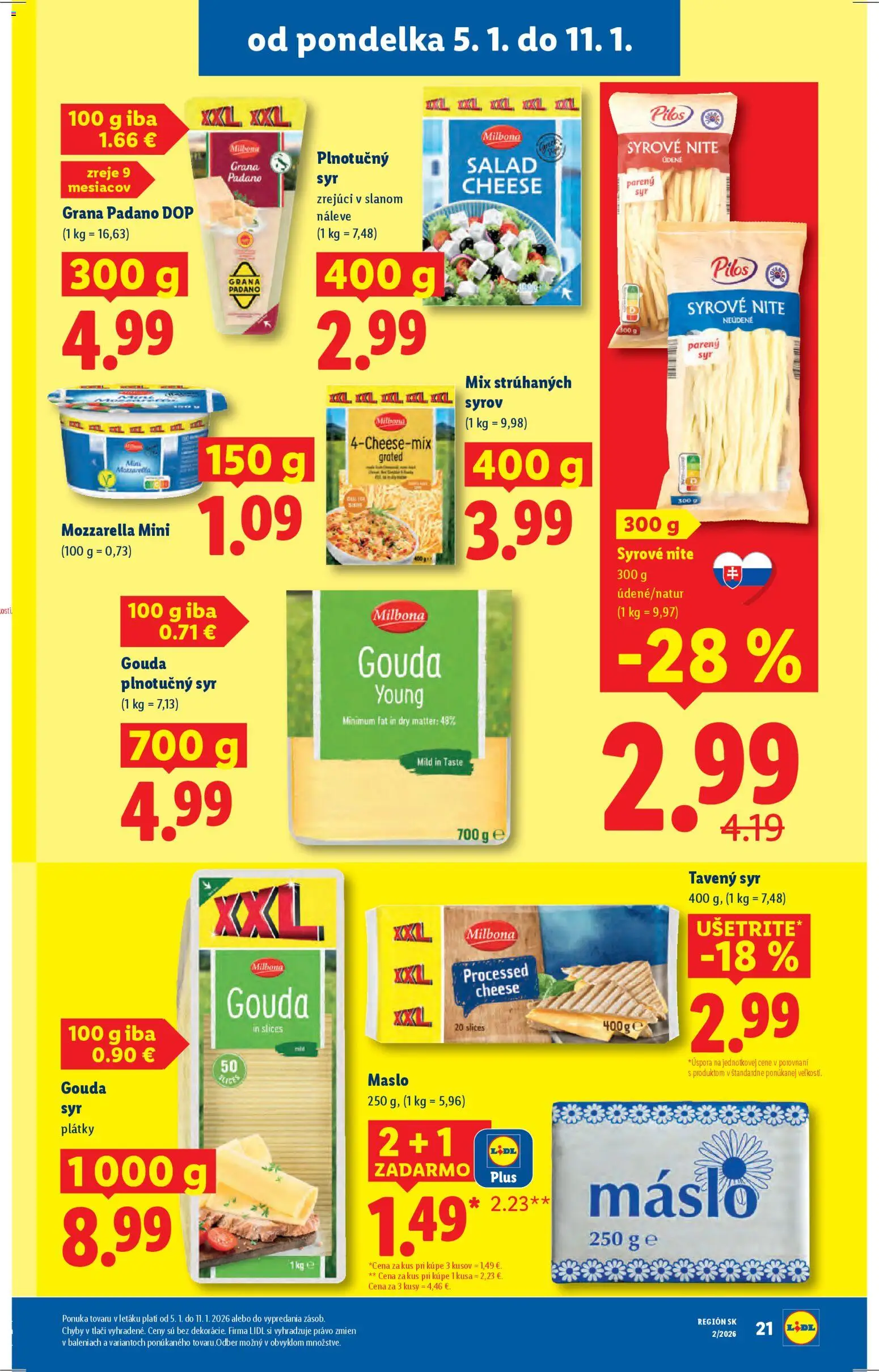 Nové Lidl akcie – leták je platný od 05.01.2026 | Strana: 27 | Produkty: Maslo, Syr, Gouda, Mozzarella