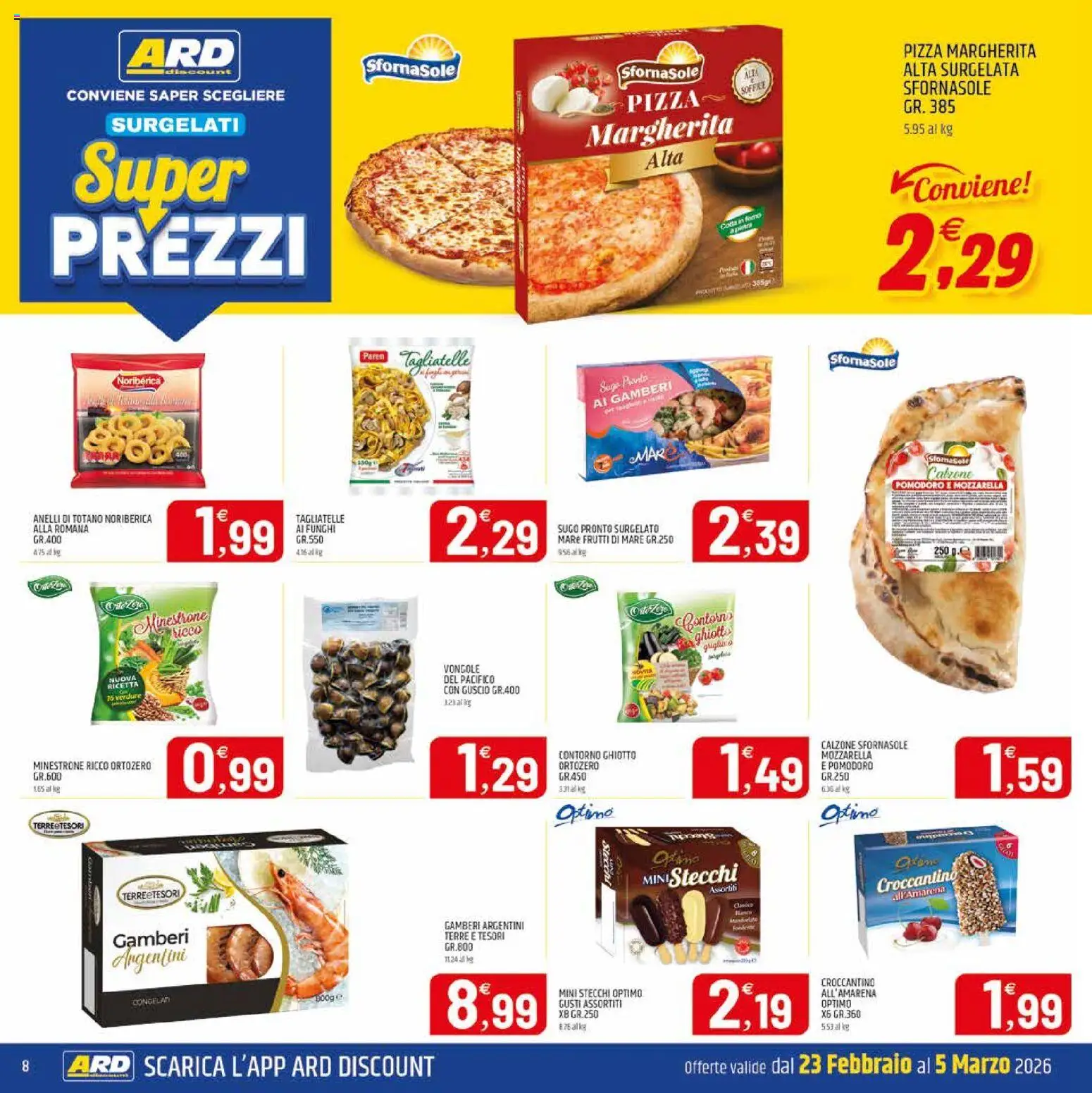 Volantino ARD Discount del 23.02.2026 | Pagina: 8 | Prodotti: Pizza, Verdure, Mozzarella, Pomodoro