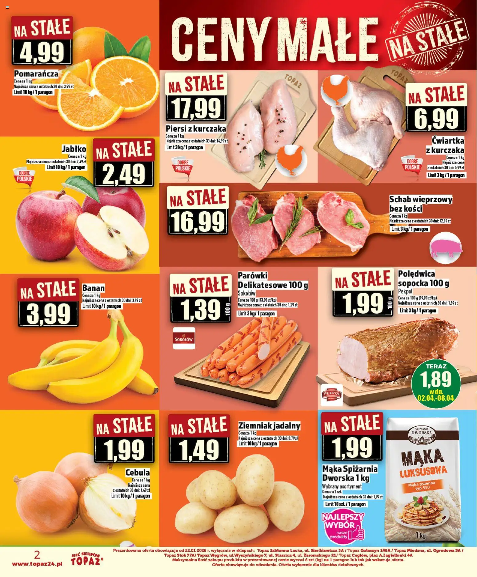 Topaz gazetka - Ceny małe na stałe od 02.04.2026 | Strona: 2 | Produkty: Schab, Piersi, Parówki, Banan