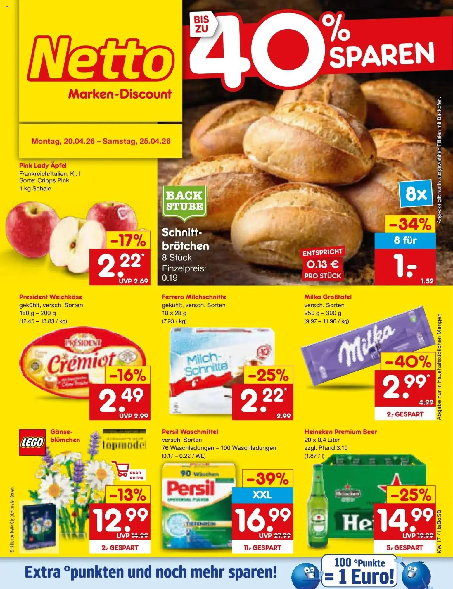 Netto Marken-Discount Prospekt Stadtlohn	 – gültig ab 20.04.2026 | Seite: 1 | Produkte: Äpfel, Heineken, Waschmittel, Ferrero milchschnitte