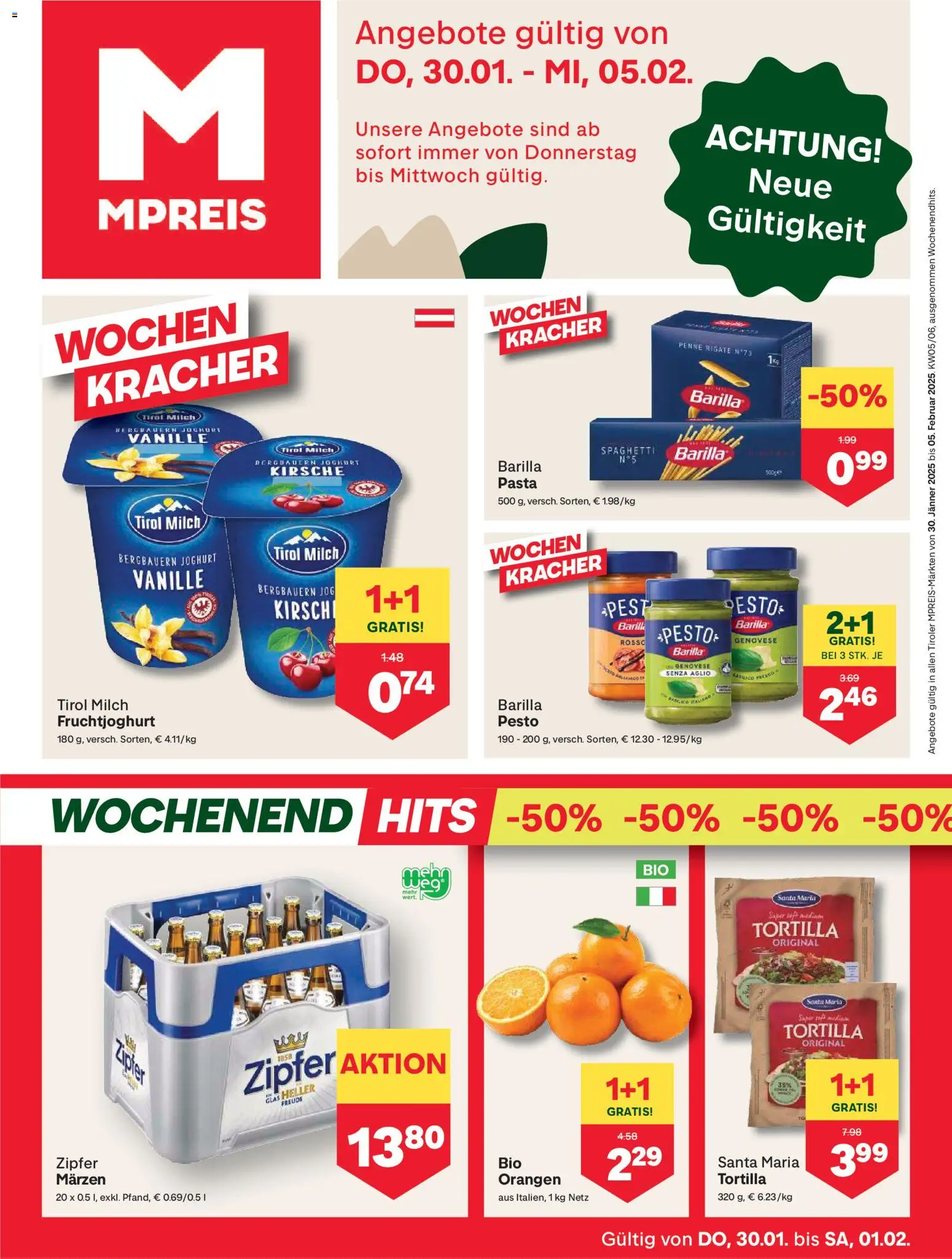 MPREIS Absam gültig ab 30.01.2026 | Seite: 1 | Produkte: Milch, Joghurt, Hajdina liszt, Orangen