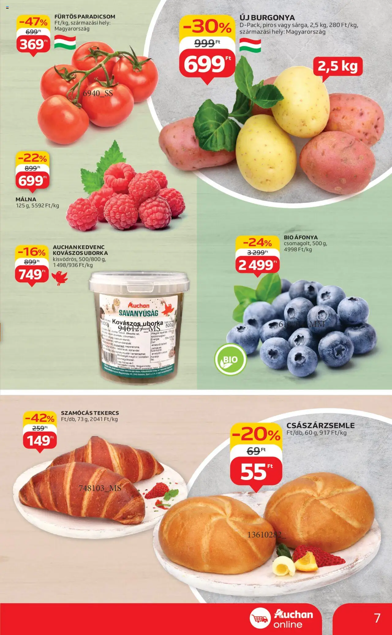 Auchan akciós ujság - amely érvényes a következő dátumtól: 07.08.2025 | Oldal: 7 | Termékek: Áfonya, Málna, Császárzsemle, Uborka