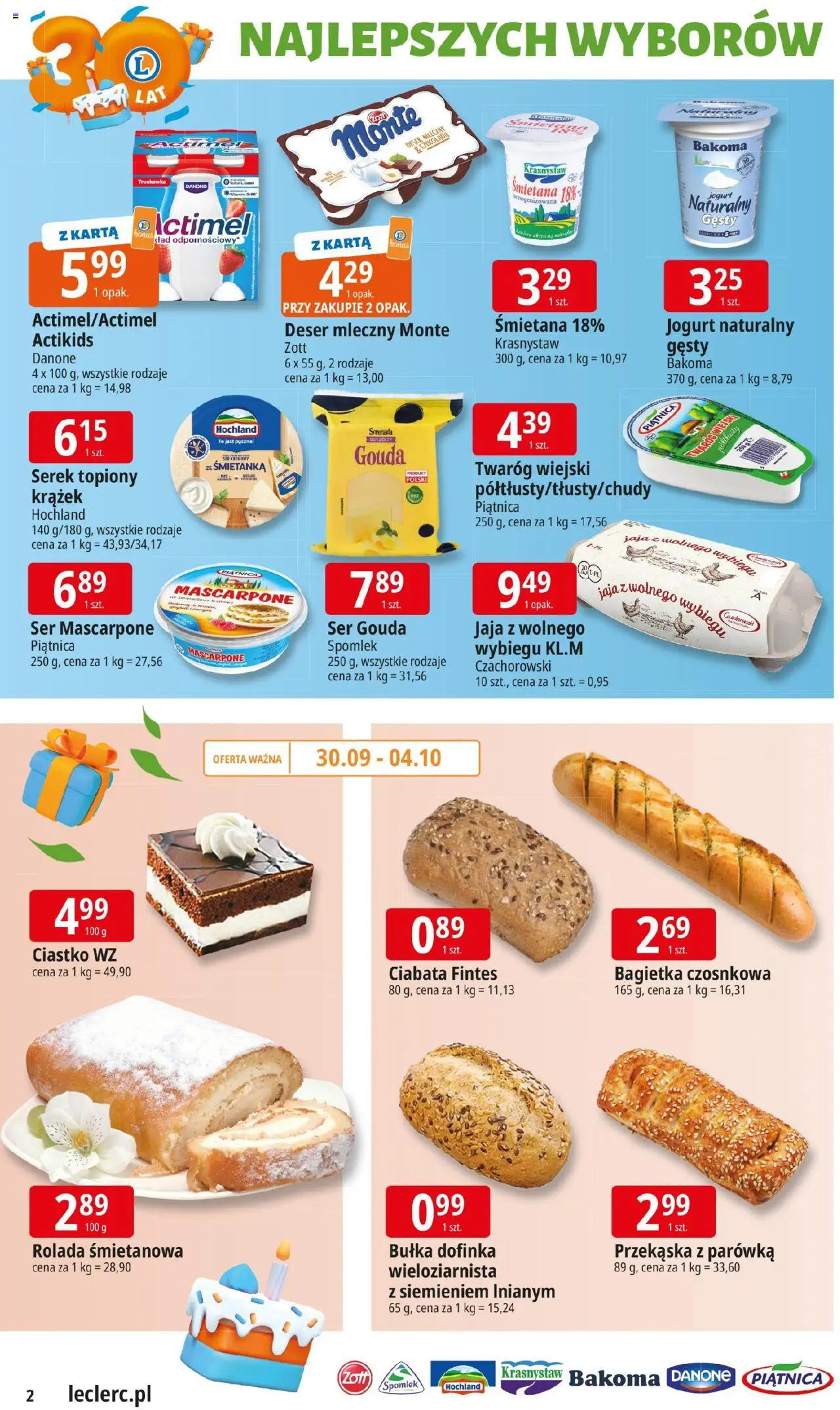 E.Leclerc Gazetka - Elbląg od 30.09.2025 | Strona: 2 | Produkty: Ser żółty, Rolada, Jogurt naturalny, Śmietana