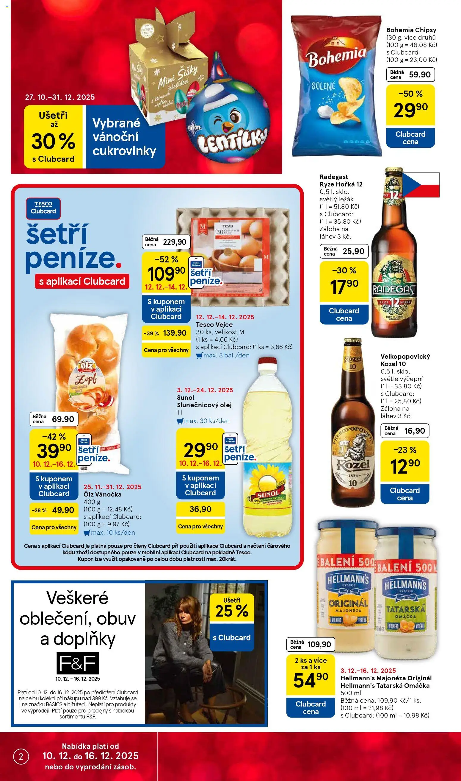 Tesco leták - Supermarket od 10.12.2025 | Strana: 2 | Produkty: Tatarská omáčka Hellmann's, Obuv, Velkopopovický Kozel 10, Láhev