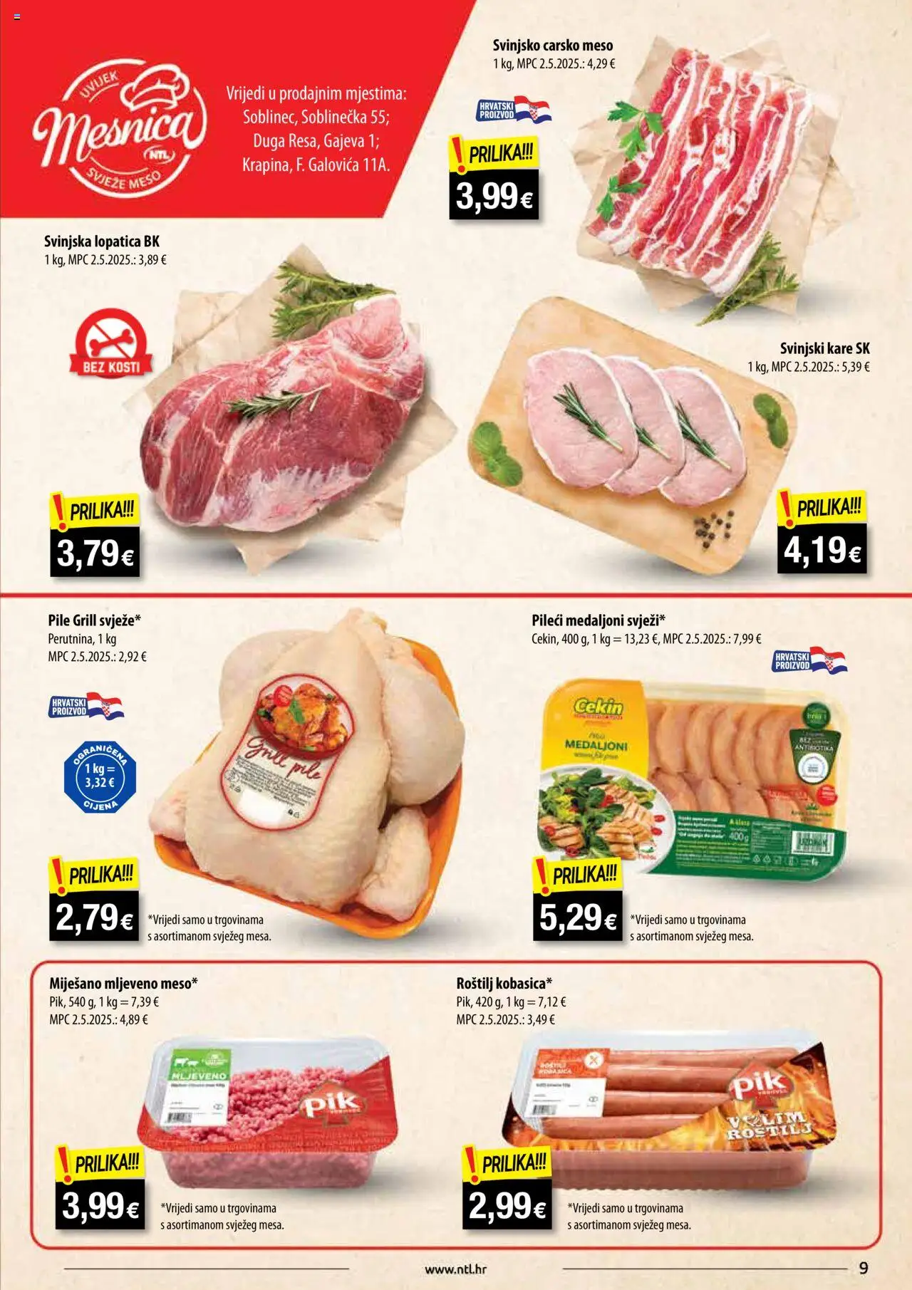 NTL katalog | vrijedi od 06.08.2025 | Stranica: 9 | Proizvodi: Roštilj, Pileći medaljoni, Carsko meso, Meso