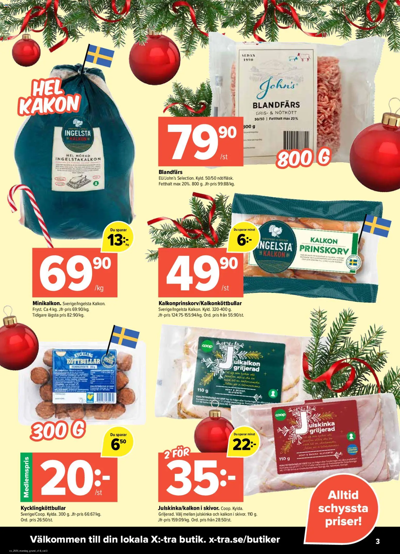 Coop X:-TRA reklamblad aktuell från 15.12.2025 | Sida: 3 | Produkter: Köttbullar, Prinskorv, Blandfärs, Kalkon
