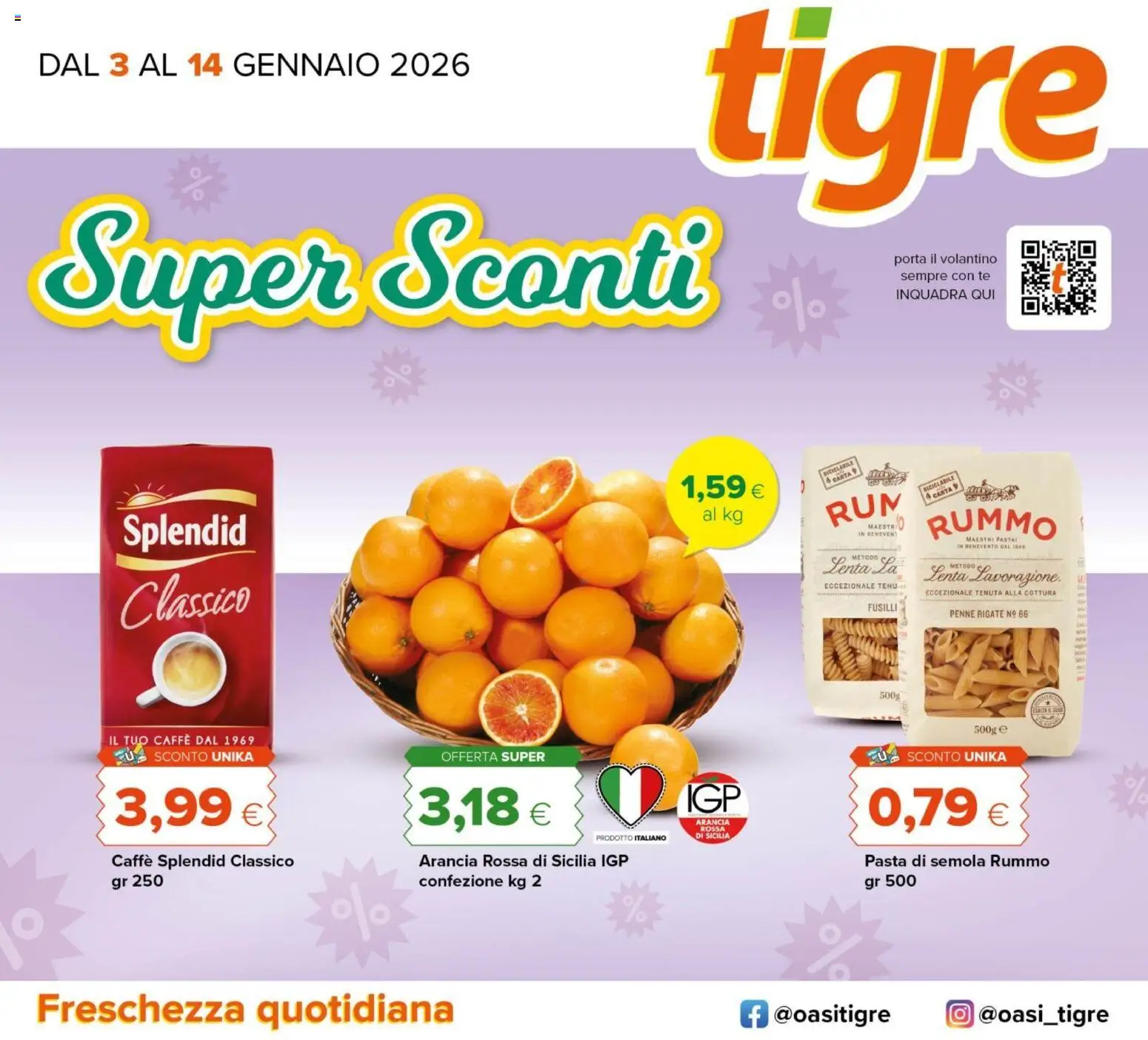 Volantino Tigre del 03.01.2026 | Pagina: 1 | Prodotti: Caffè, Pasta, Arancia, Penne