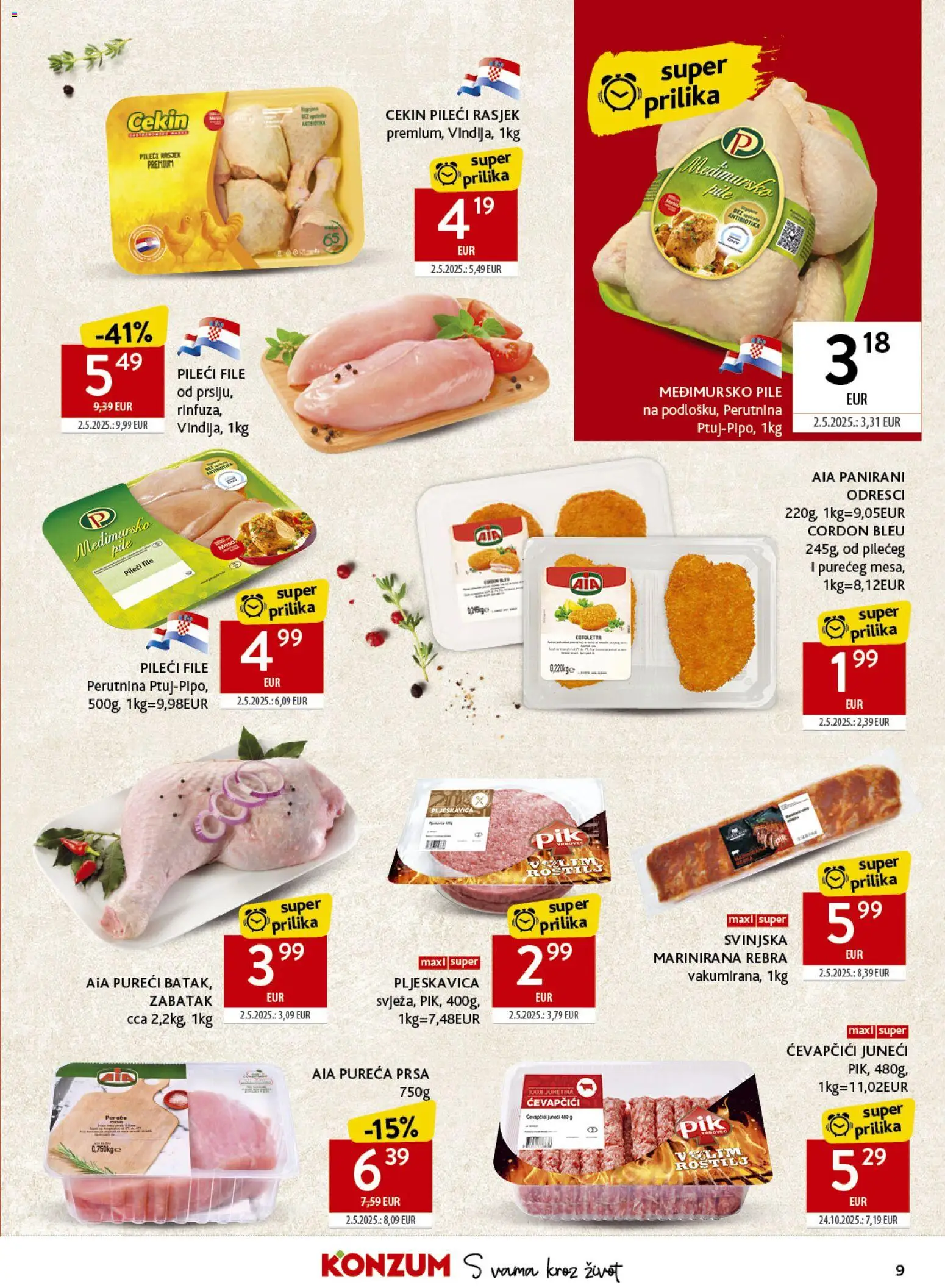 Konzum katalog | vrijedi od 08.04.2026 | Stranica: 9 | Proizvodi: Vindija, Pileći file, Ćevapčići