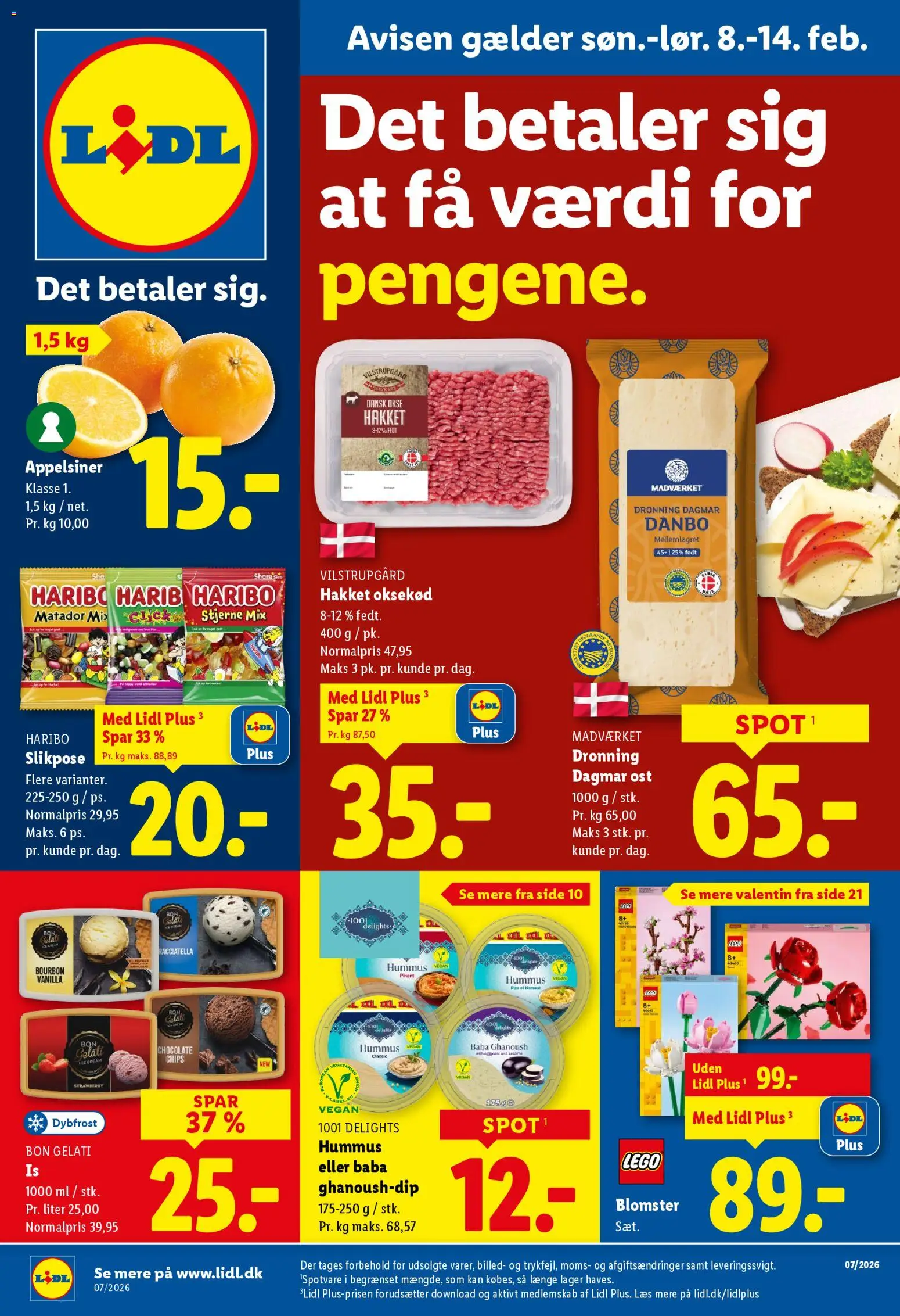 Lidl tilbudsavis – gyldig fra 08.02.2026 | Side: 1 | Produkter: Ost, Appelsiner, Chips, Oksekød