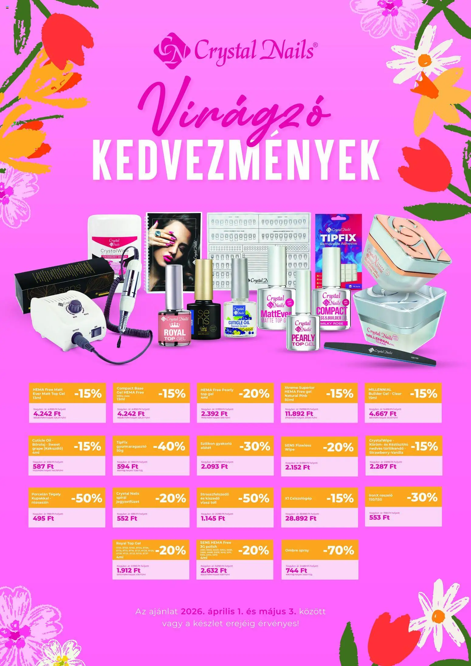 Crystal Nails akciós ujság - amely érvényes a következő dátumtól: 01.04.2026 | Oldal: 1 | Termékek: Törlőkendő, Nedves törlőkendő