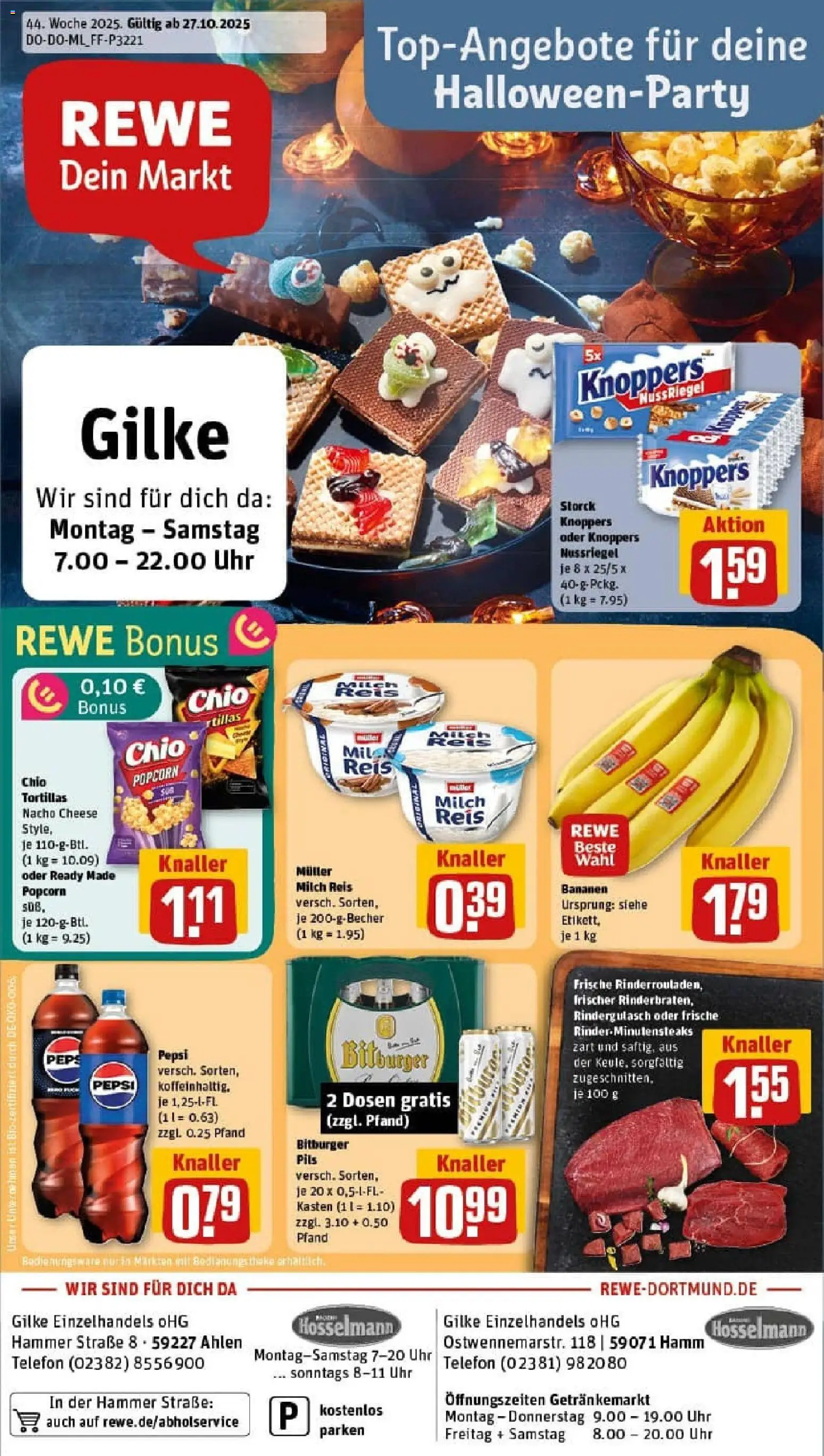 Rewe prospekt Hamm	 – gültig ab 26.10.2025 | Seite: 1 | Produkte: Rindergulasch, Milch, Pepsi, Chio tortillas
