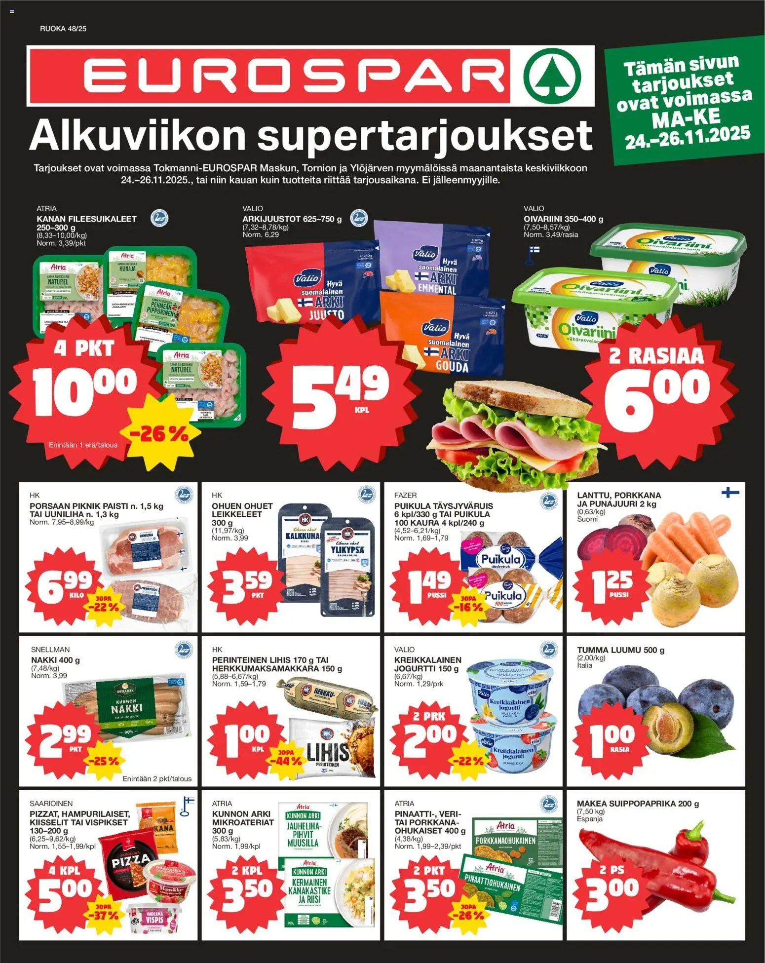 Tokmanni - EUROSPAR – voimassa 24.11.2025 alkaen | Sivu: 1 | Tuotteet: Kana, Riisi, Porkkana, Punajuuri