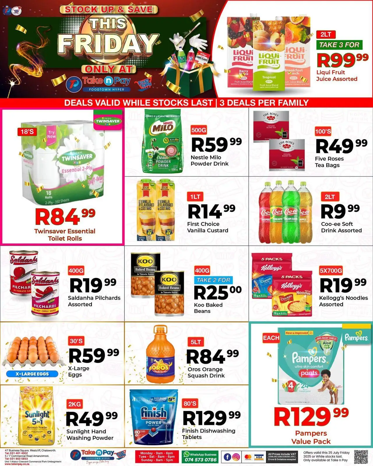 Take n Pay Friday Specials │ valid from 25.07.2025 | Page: 1 | Products: Noodles, Tomato sauce, Washing powder, Chilli