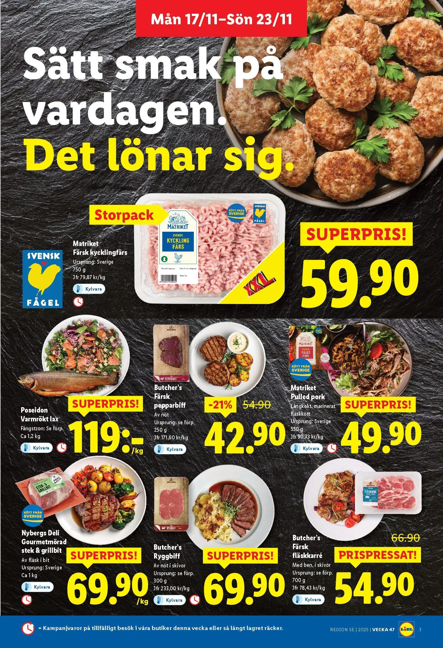 Lidl reklamblad aktuell från 17.11.2025 | Sida: 3 | Produkter: Lax, Fläsk