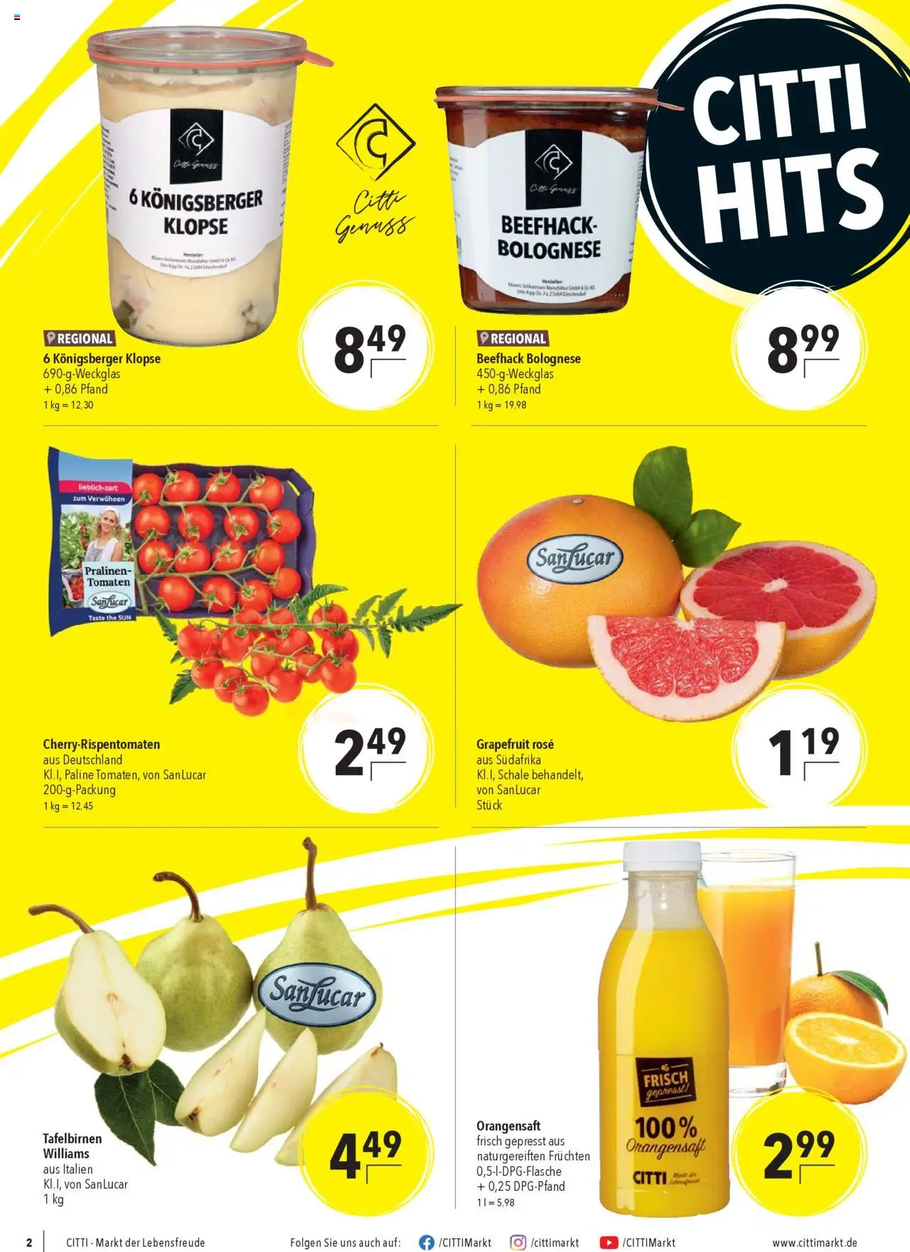 CITTI Markt Prospekt Citty Hits – gültig ab 01.10.2025 | Seite: 2 | Produkte: Tomaten, Orangensaft, Grapefruit