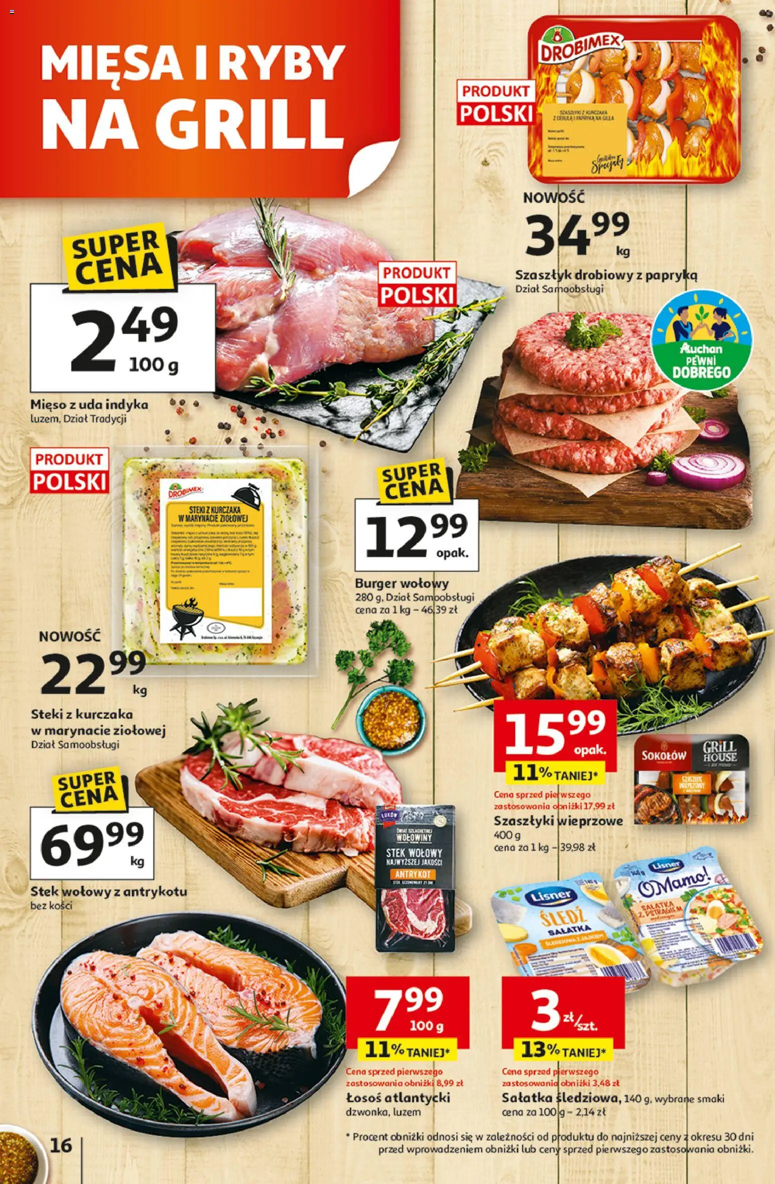 Auchan gazetka - 30 Lat Hipermarket od 29.04.2026 | Strona: 16 | Produkty: Łosoś atlantycki, Steki, Papryka, Sałatka