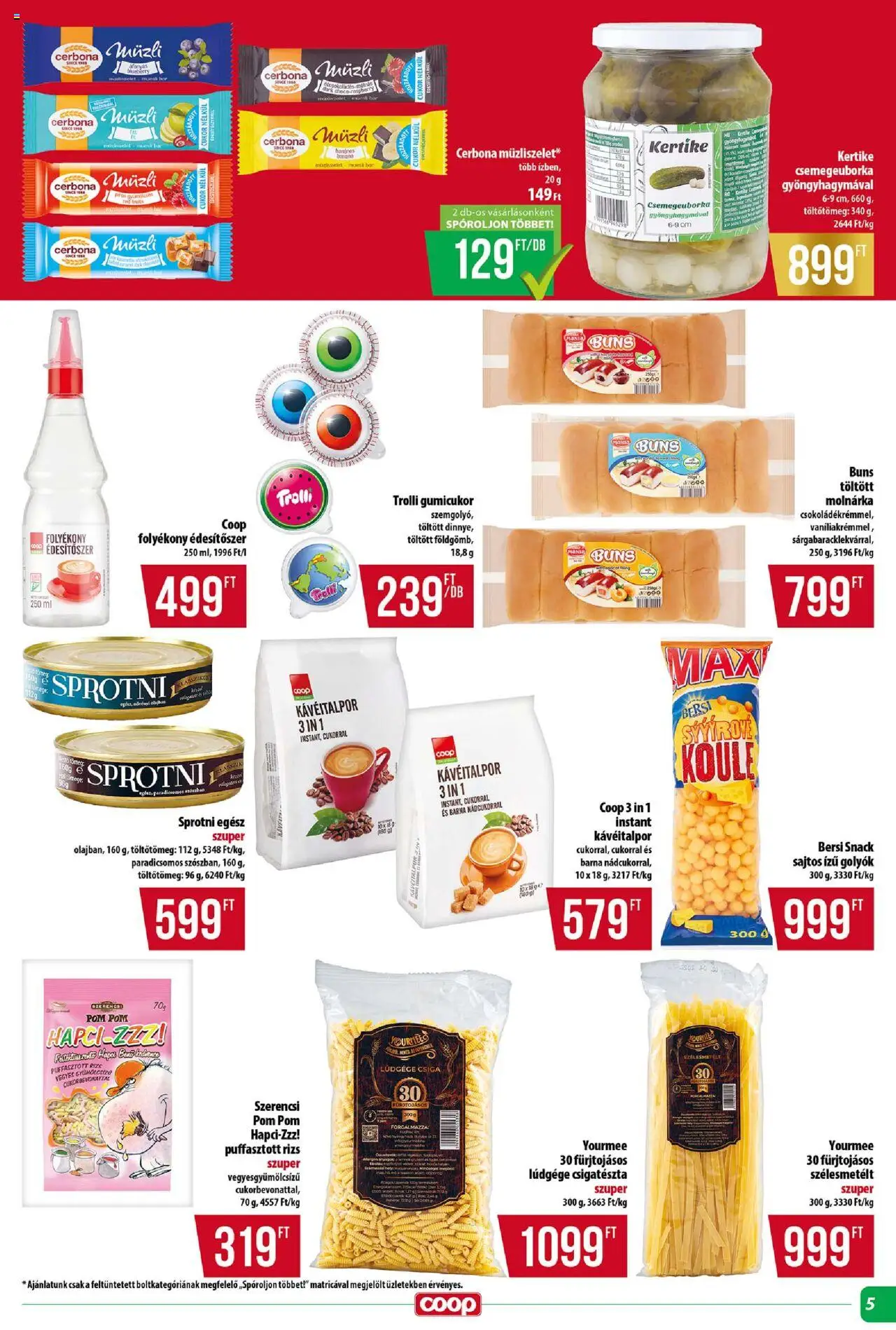 COOP akciós ujság - amely érvényes a következő dátumtól: 28.08.2025 | Oldal: 5 | Termékek: Müzli, Gumicukor, Puffasztott rizs, Rizs
