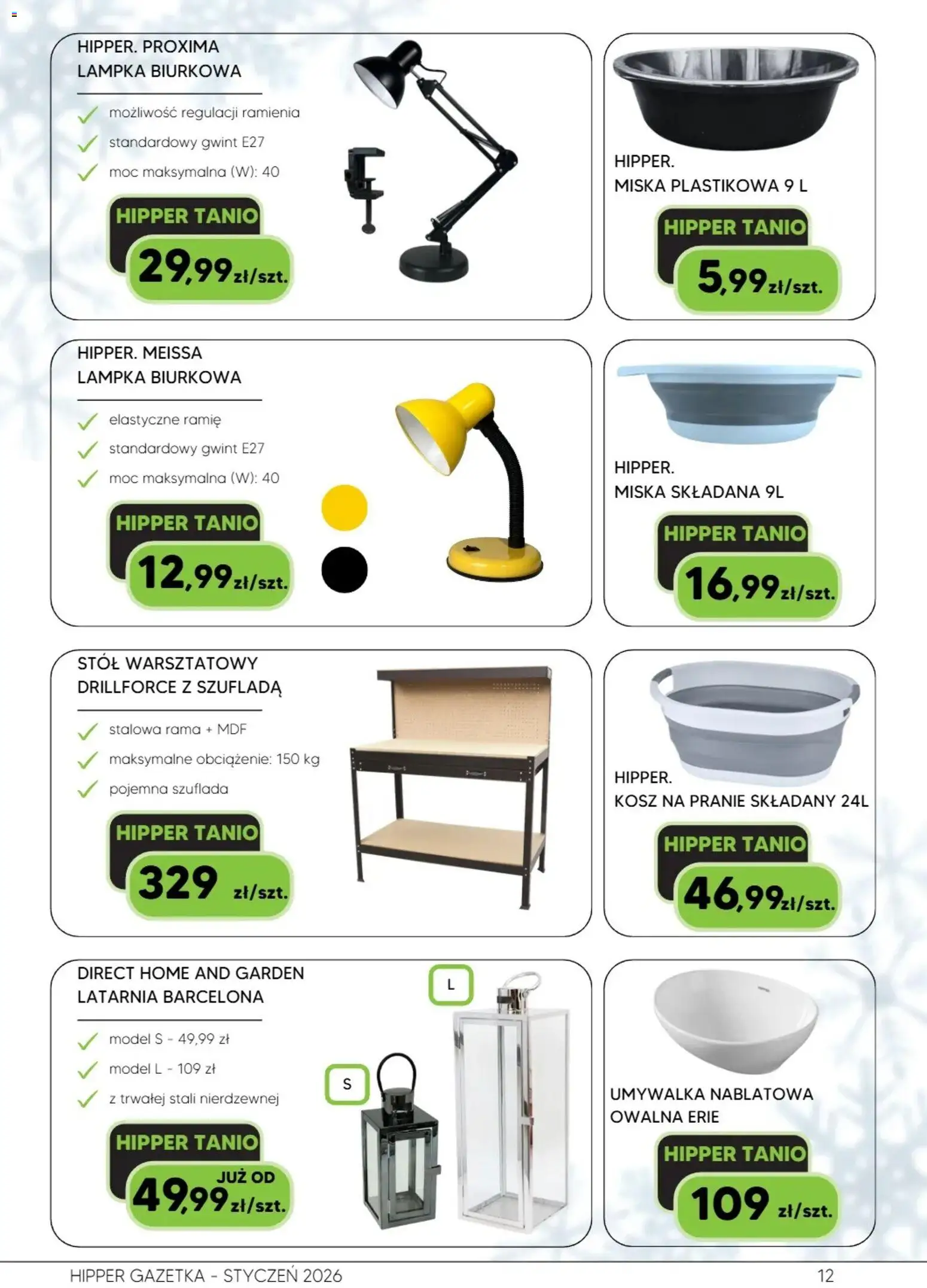 Hipper Gazetka od 10.01.2026 | Strona: 12 | Produkty: Umywalka, Kosz, Lampka biurkowa, Kosz na pranie