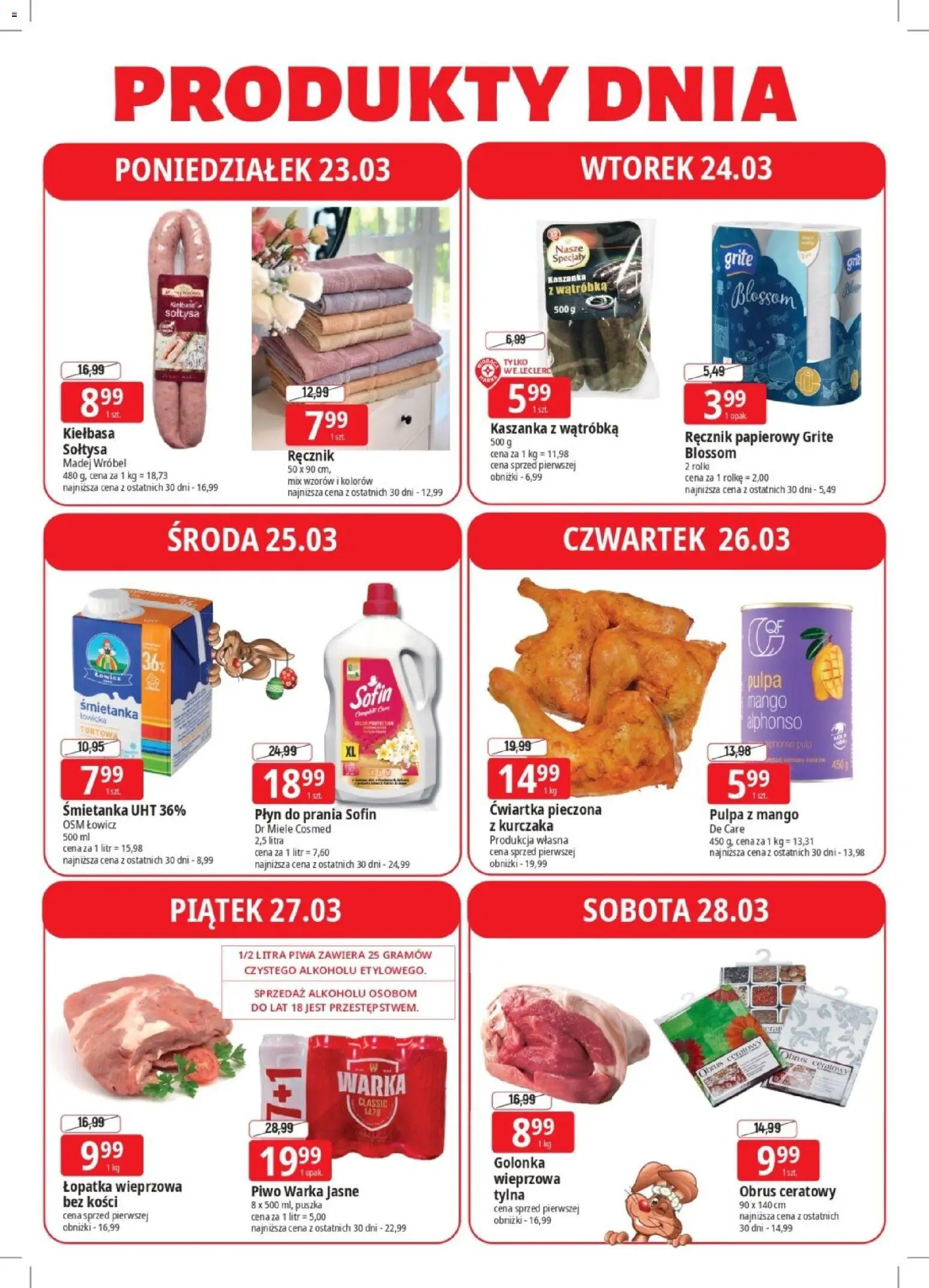 E.Leclerc gazetka - Elbląg od 23.03.2026 | Strona: 4 | Produkty: Kiełbasa, Wątróbka, Piwo Warka, Piwo
