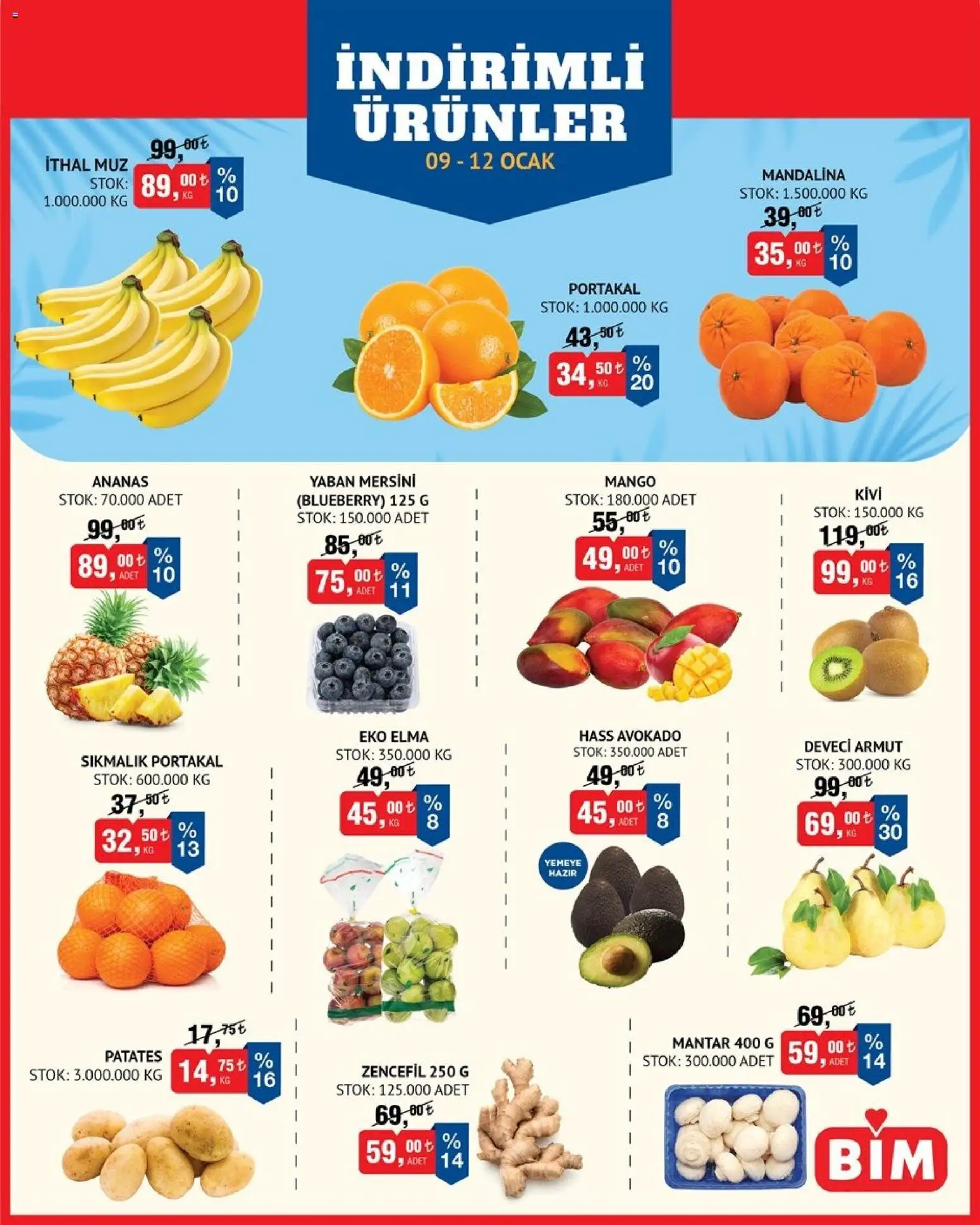 BİM - Meyve-Sebze, İndirim - 09.01.2026 tarihinden itibaren geçerlidir | Sayfa: 1 | Ürünler: Ananas, Mandalina, Avokado, Mantar