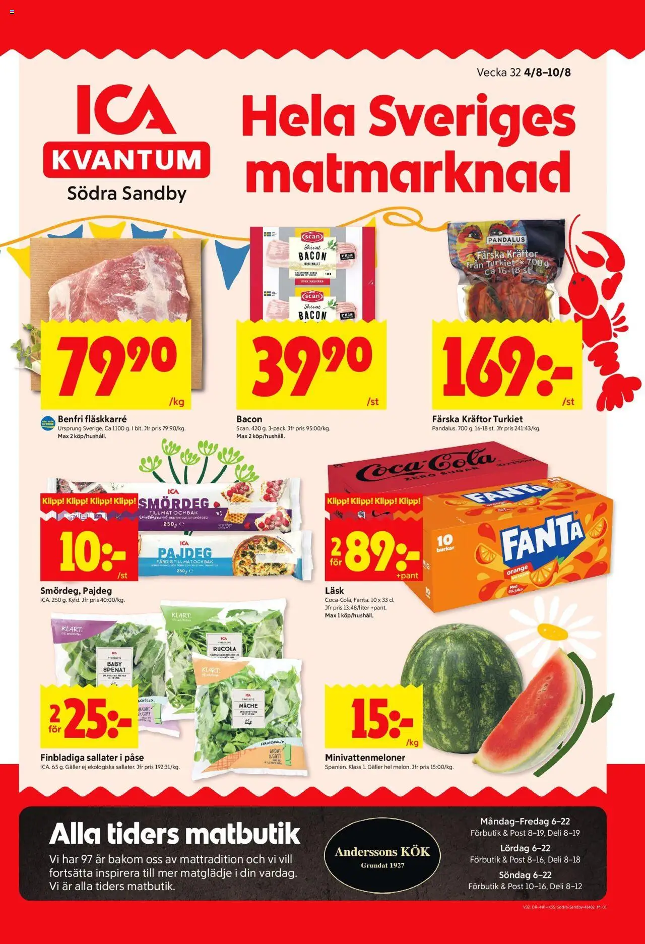 ICA Kvantum reklamblad aktuell från 04.08.2025 | Sida: 1 | Produkter: Kräftor, Bacon, Fanta, Juice