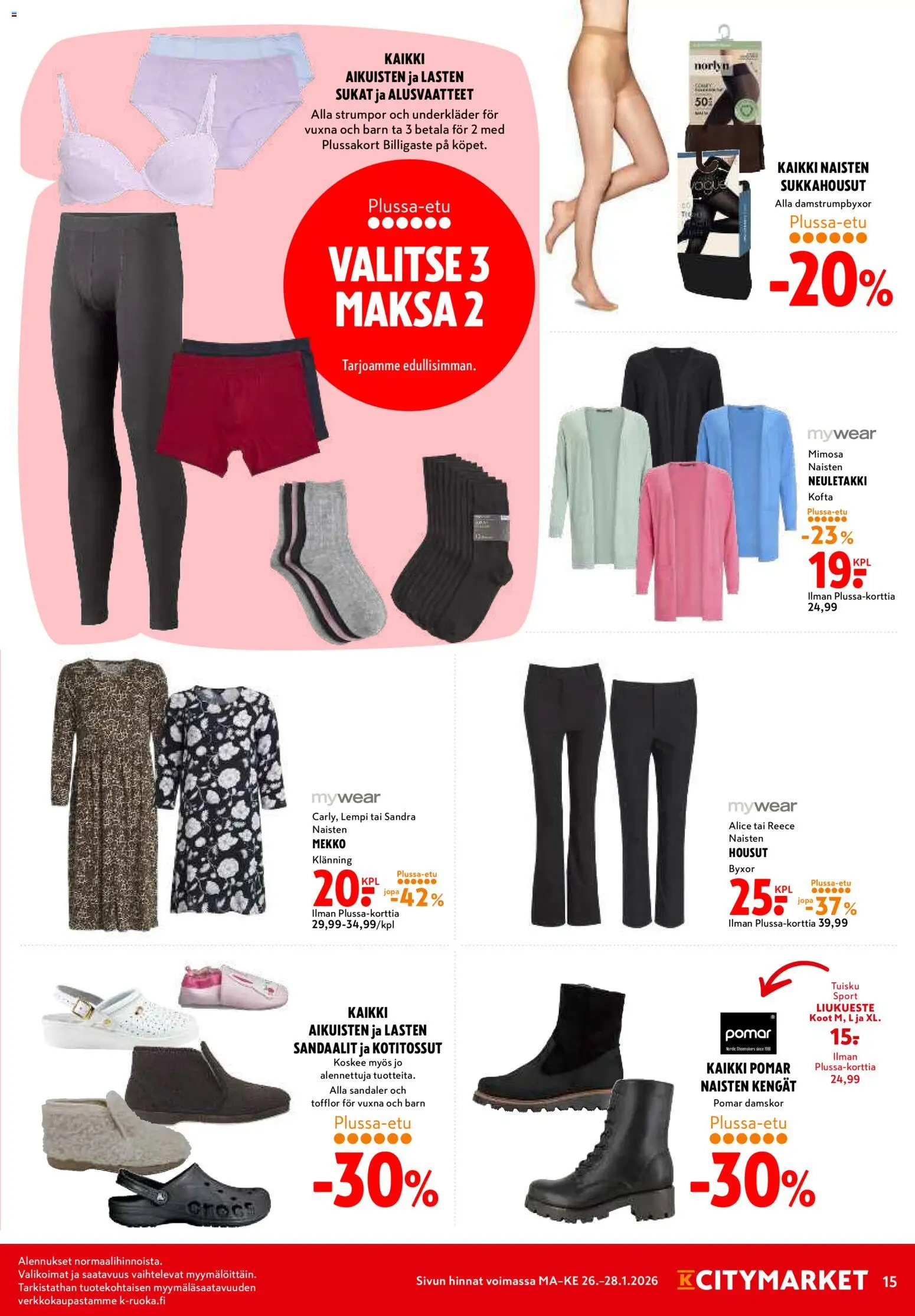 K-Citymarket tarjoukset – voimassa 26.01.2026 alkaen | Sivu: 15 | Tuotteet: Neuletakki, Housut, Sukat, Sandaalit