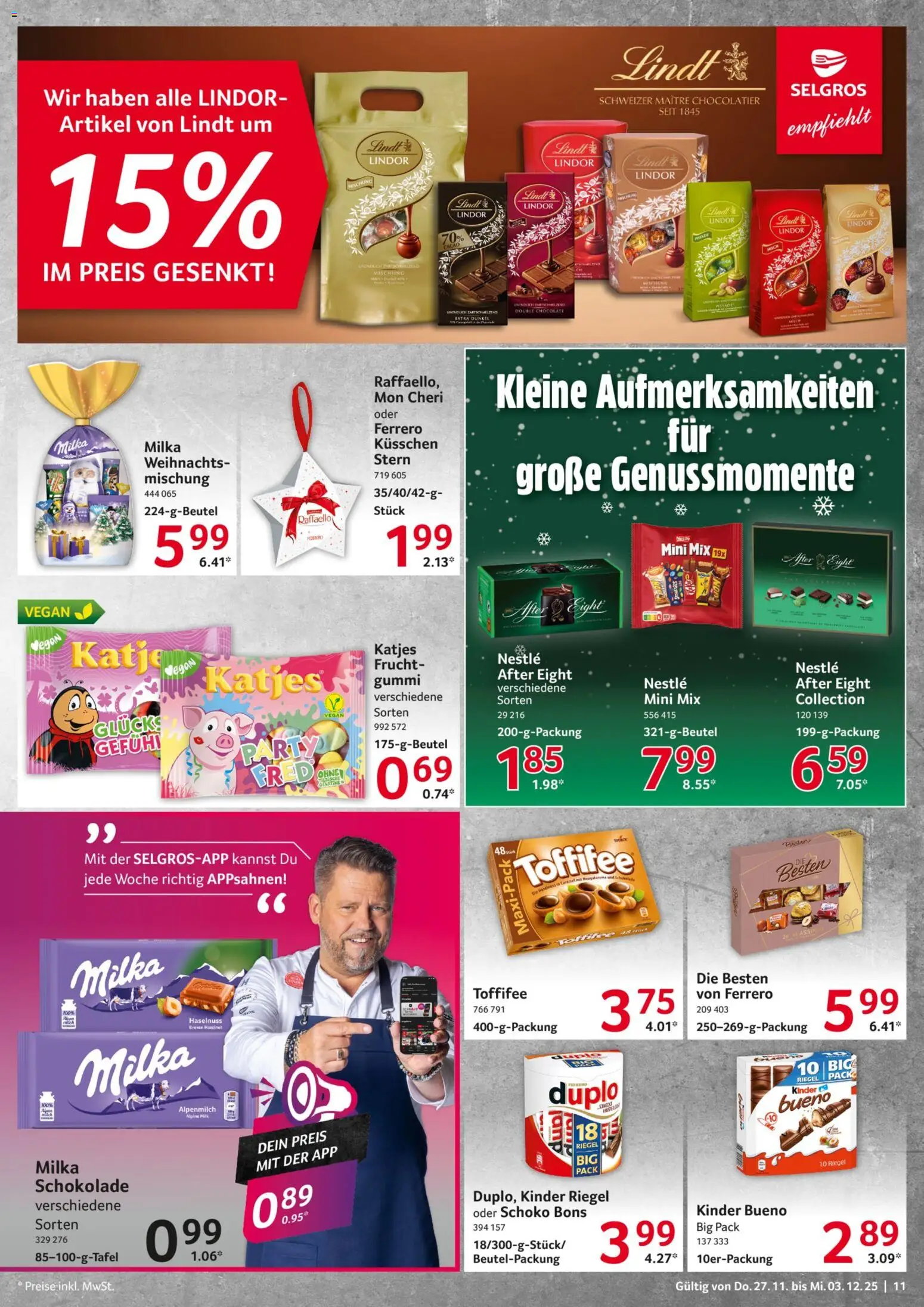 Selgros Prospekt 	 – gültig ab 27.11.2025 | Seite: 11 | Produkte: Milch, Kinder bueno, Duplo riegel, Mon cheri