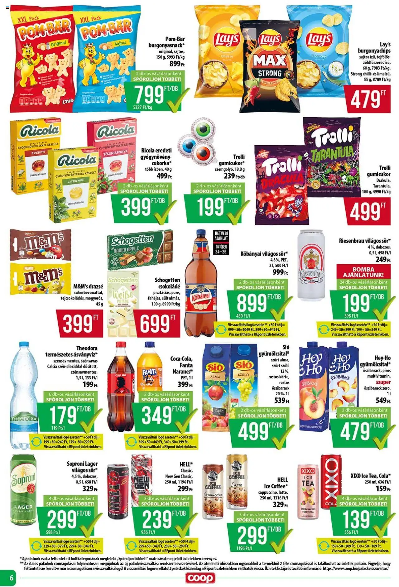 COOP akciós ujság - amely érvényes a következő dátumtól: 24.10.2025 | Oldal: 6 | Termékek: Őszibarack, Szőlő, Fanta, Drazsé