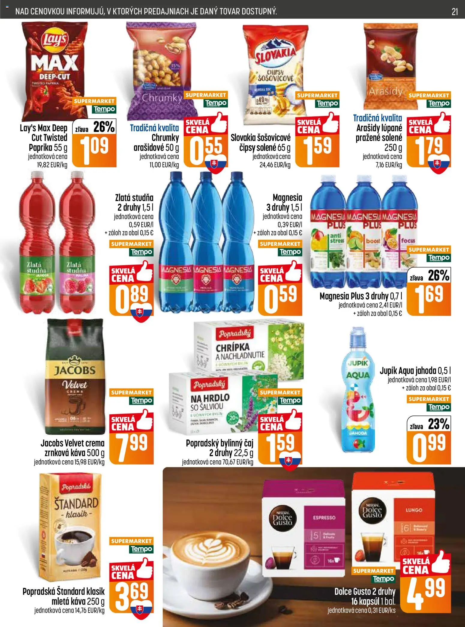 Nové COOP Jednota akcie – leták je platný od 09.04.2026 | Strana: 21 | Produkty: Dolce Gusto, Paprika, Jacobs Velvet, Arašidy