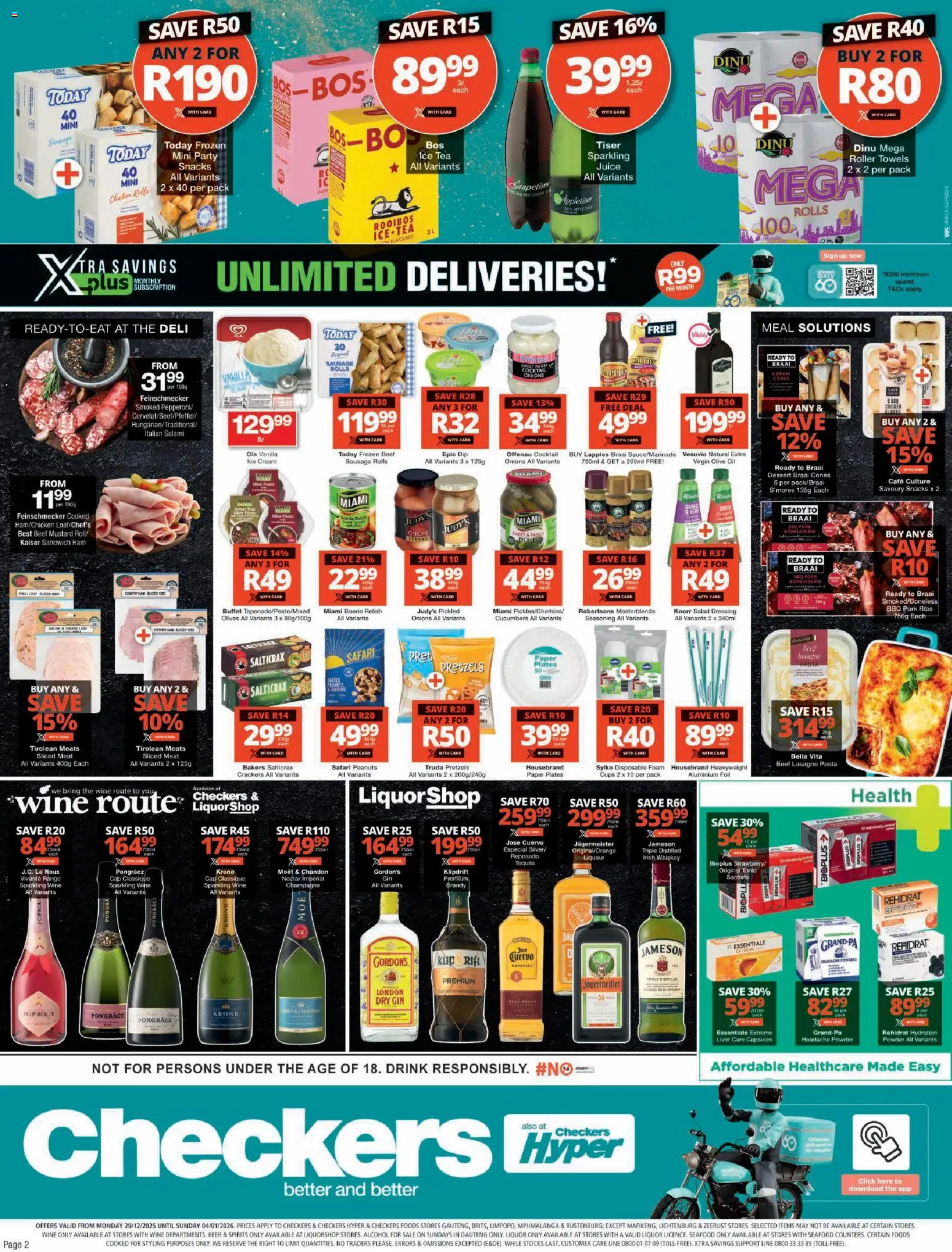 New Checkers catalogue – valid from 29.12.2025 | Page: 2 | Products: Salami, Juice, Tea, Foam