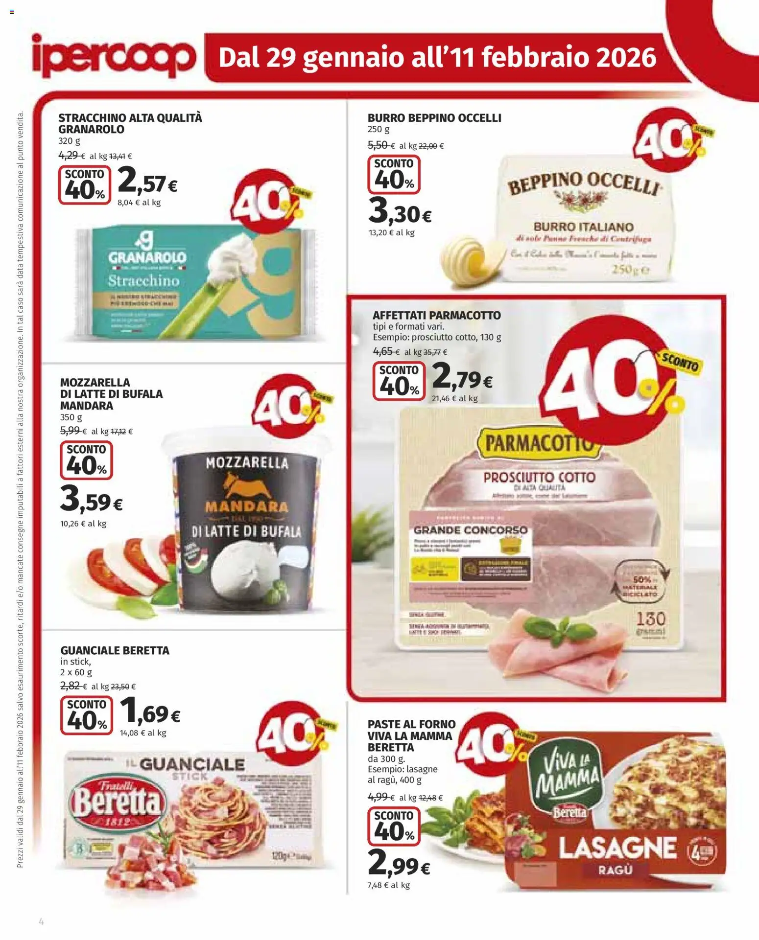 Volantino Ipercoop del 29.01.2026 | Pagina: 4 | Prodotti: Prosciutto Cotto, Mozzarella, Prosciutto, Data