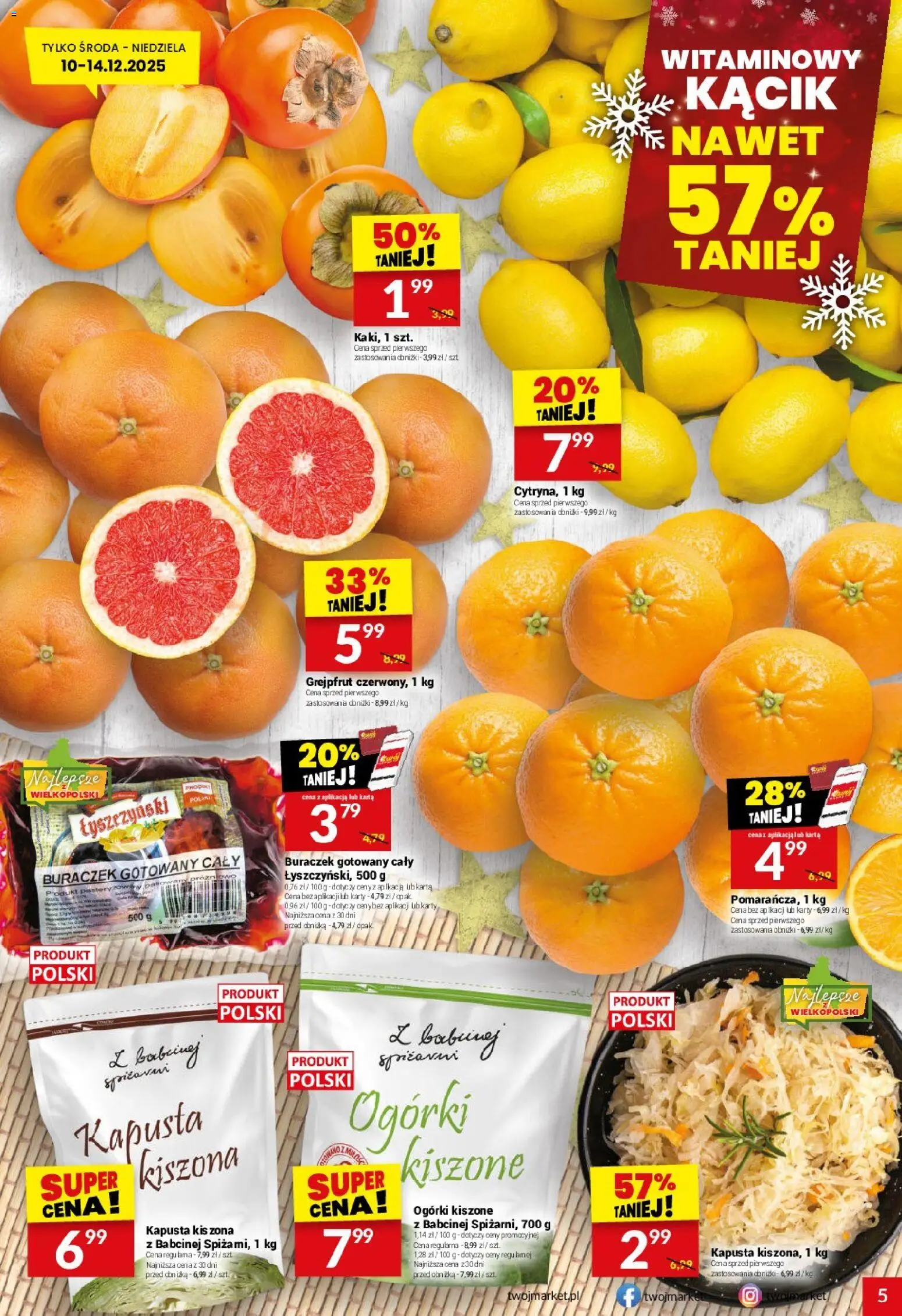 Twój Market Gazetka od 10.12.2025 | Strona: 5 | Produkty: Kapusta, Karta, Ogórki, Grejpfrut