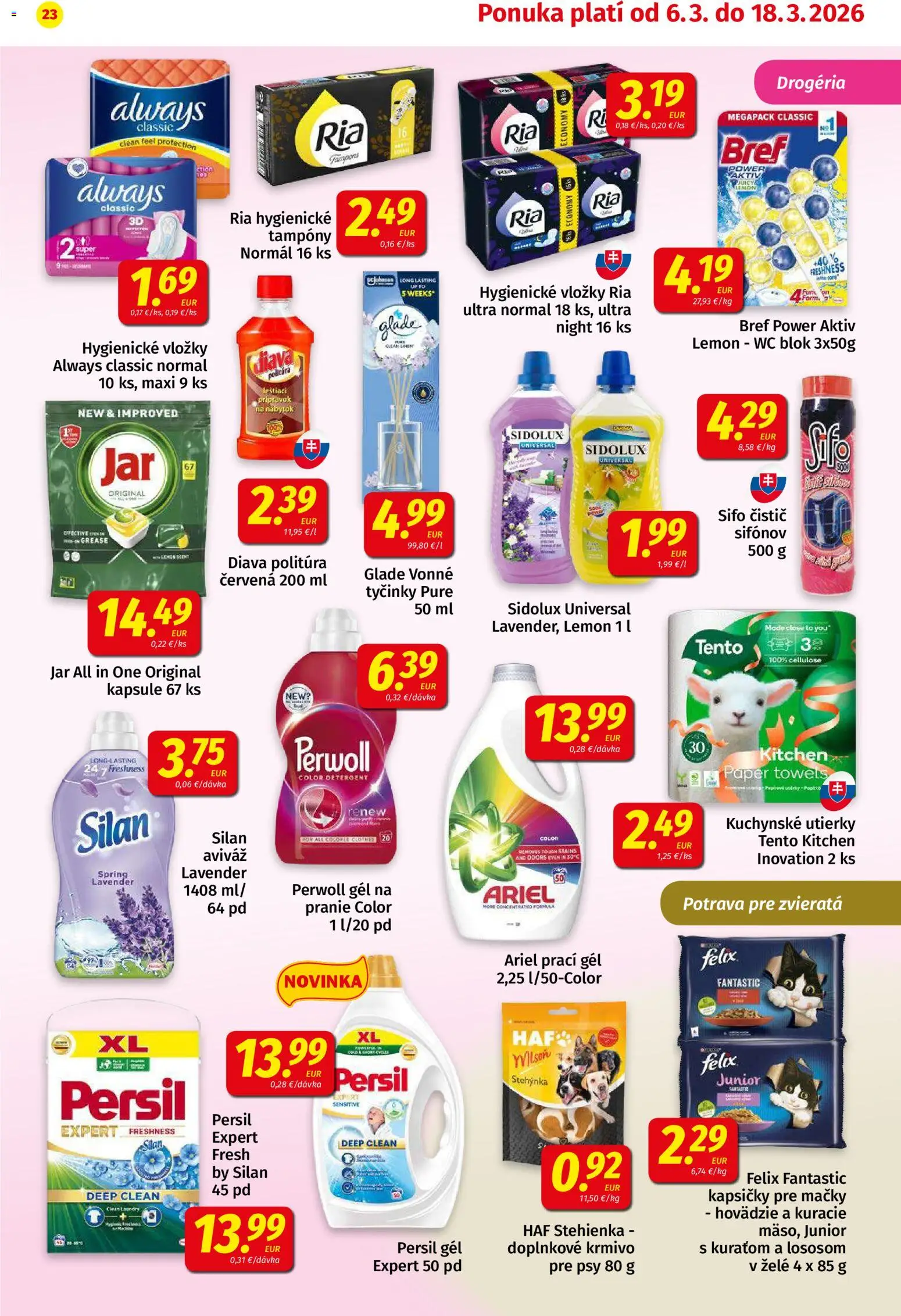 Nové Koruna akcie – leták je platný od 06.03.2026 | Strana: 23 | Produkty: Felix, Perwoll, Silan, Ariel