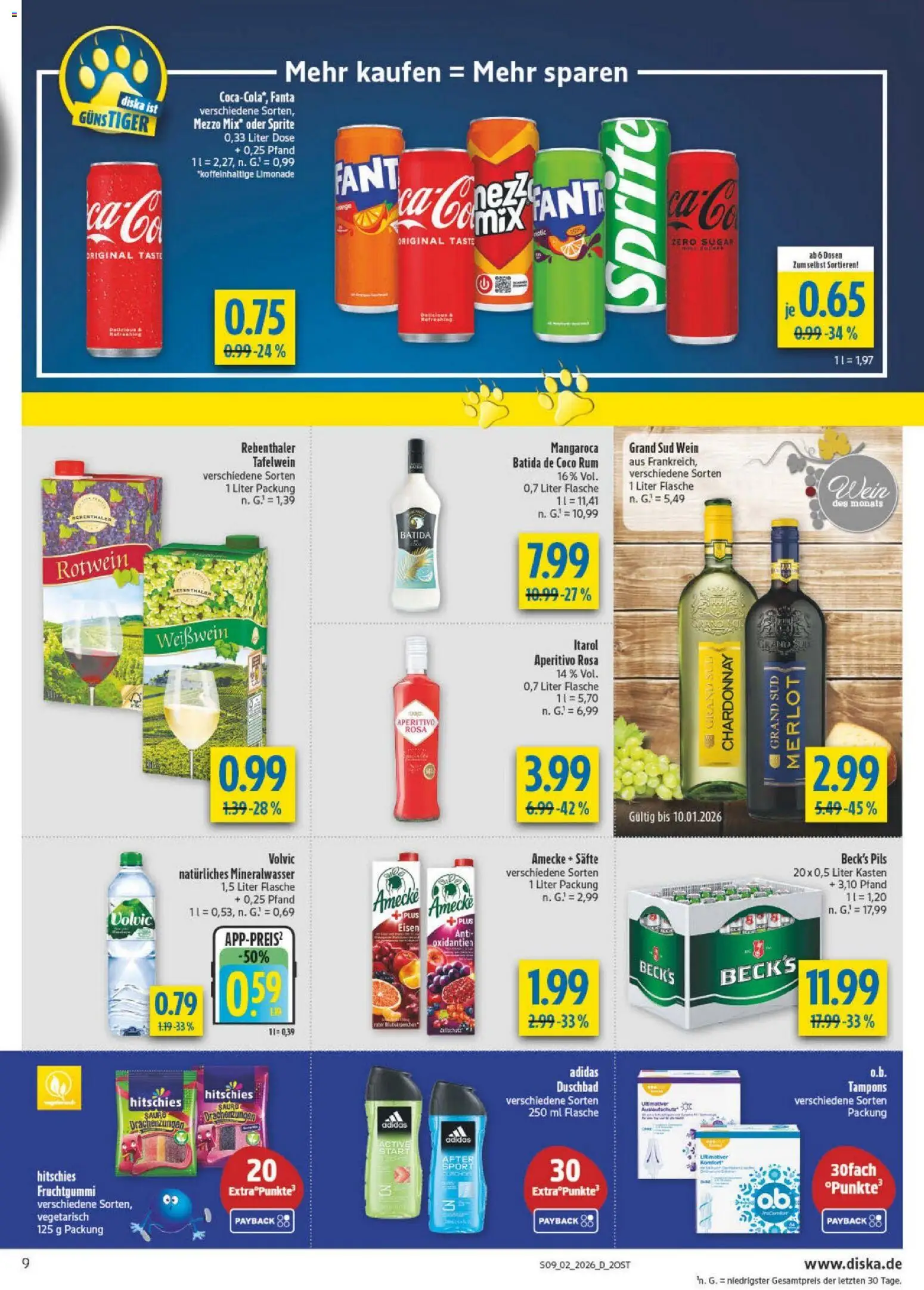 Diska - Diska Angebote Sachsen-Thüringen KW02 – gültig ab 05.01.2026 | Seite: 9 | Produkte: Mezzo mix, Weißwein, Merlot, Wein