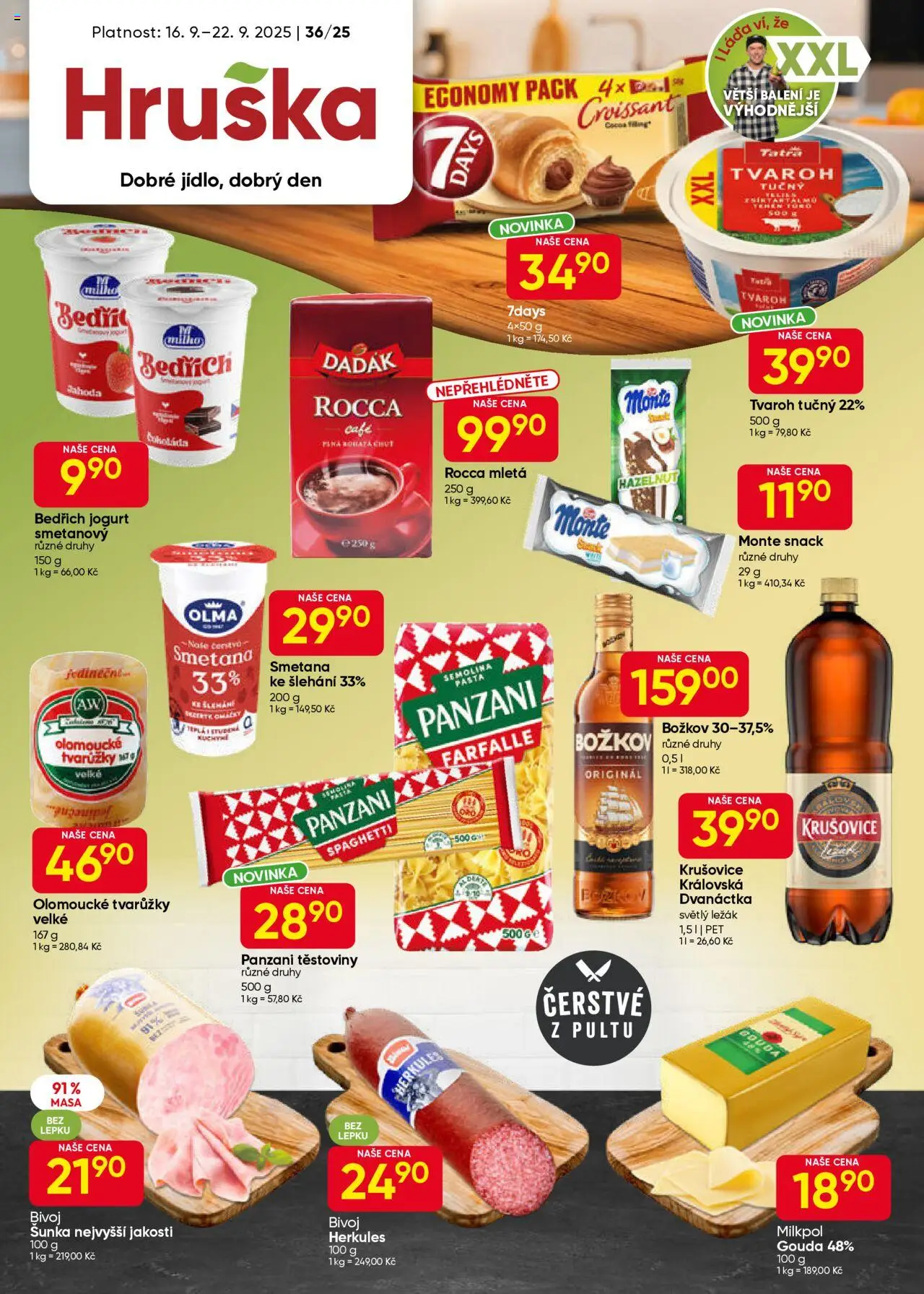 Hruška leták od 16.09.2025 | Strana: 1 | Produkty: Gouda, Tvarůžky, Těstoviny, Krušovice