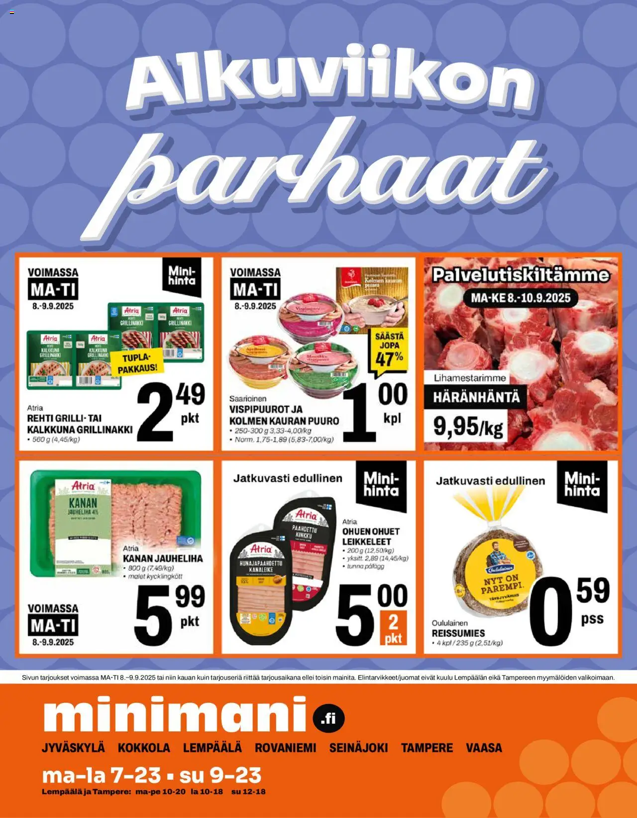 Minimani tarjoukset – voimassa 08.09.2025 alkaen | Sivu: 1 | Tuotteet: Grilli, Jauheliha, Kinkku