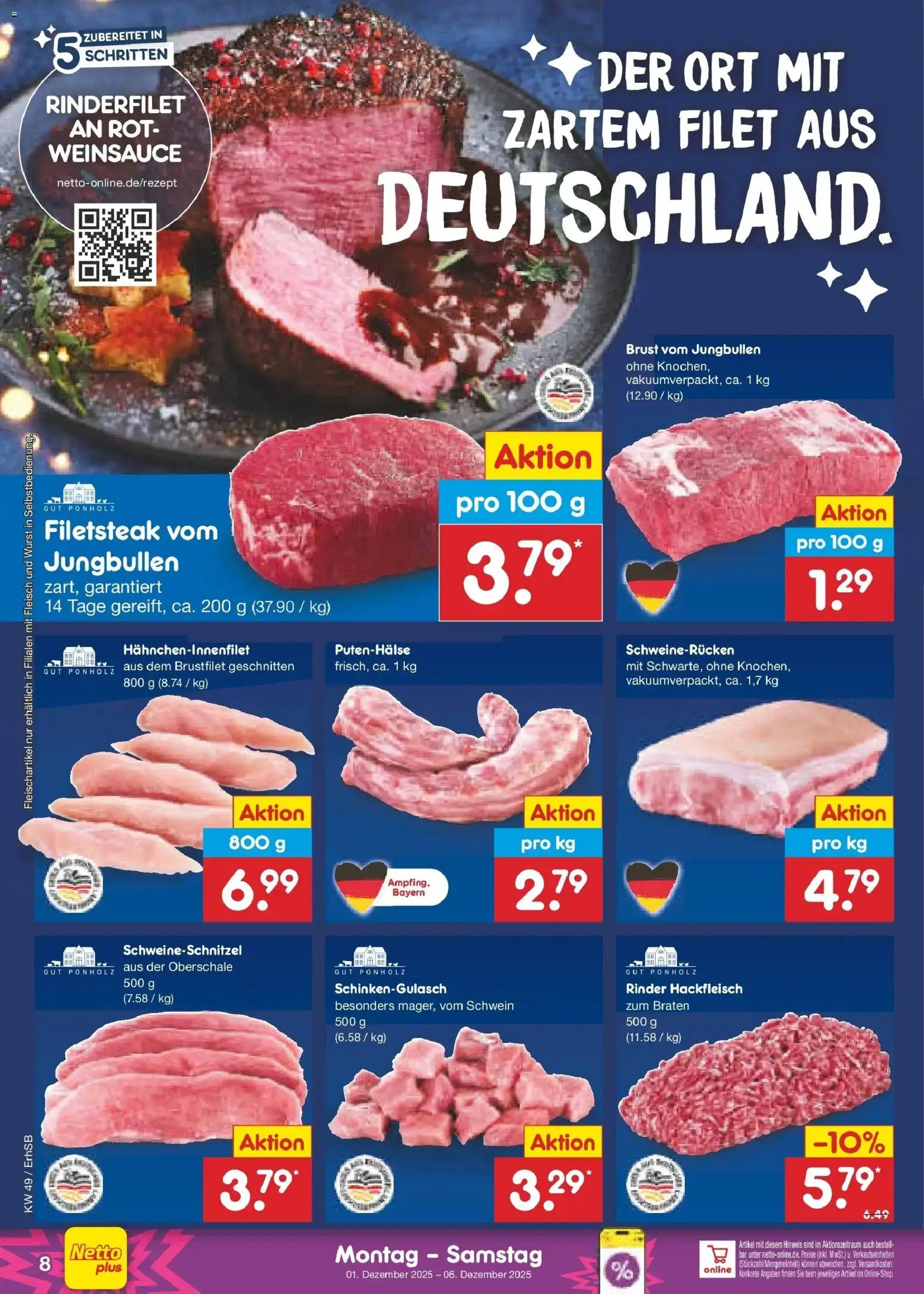 Netto Marken-Discount prospekt München	 – gültig ab 01.12.2025 | Seite: 8 | Produkte: Rinderfilet, Schweinerucken, Fleisch, Hackfleisch
