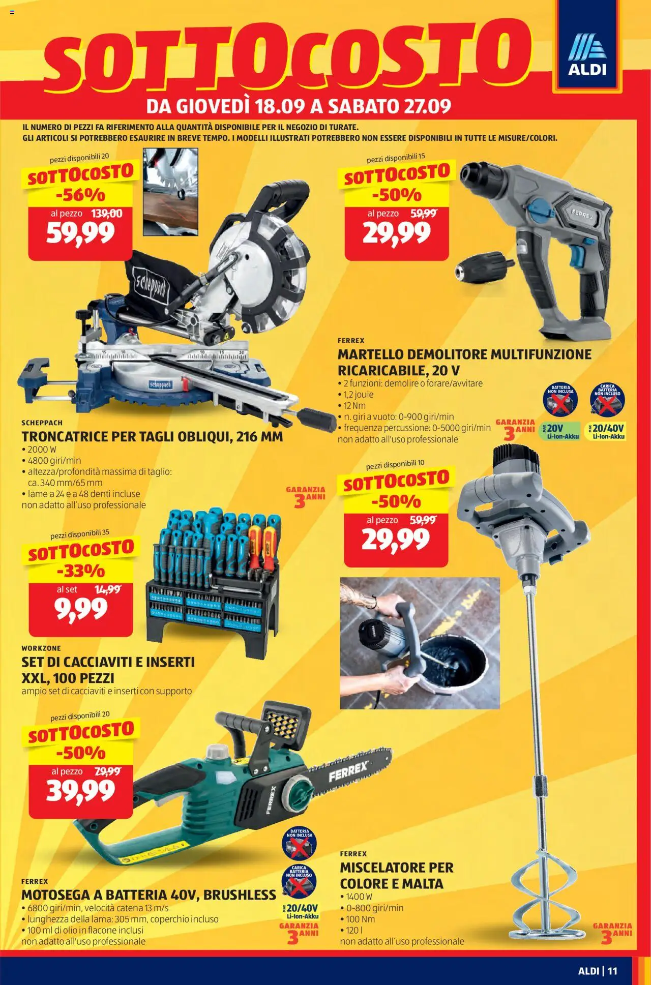 Volantino Aldi del 18.09.2025 | Pagina: 11 | Prodotti: Olio, Motosega, Miscelatore, Martello
