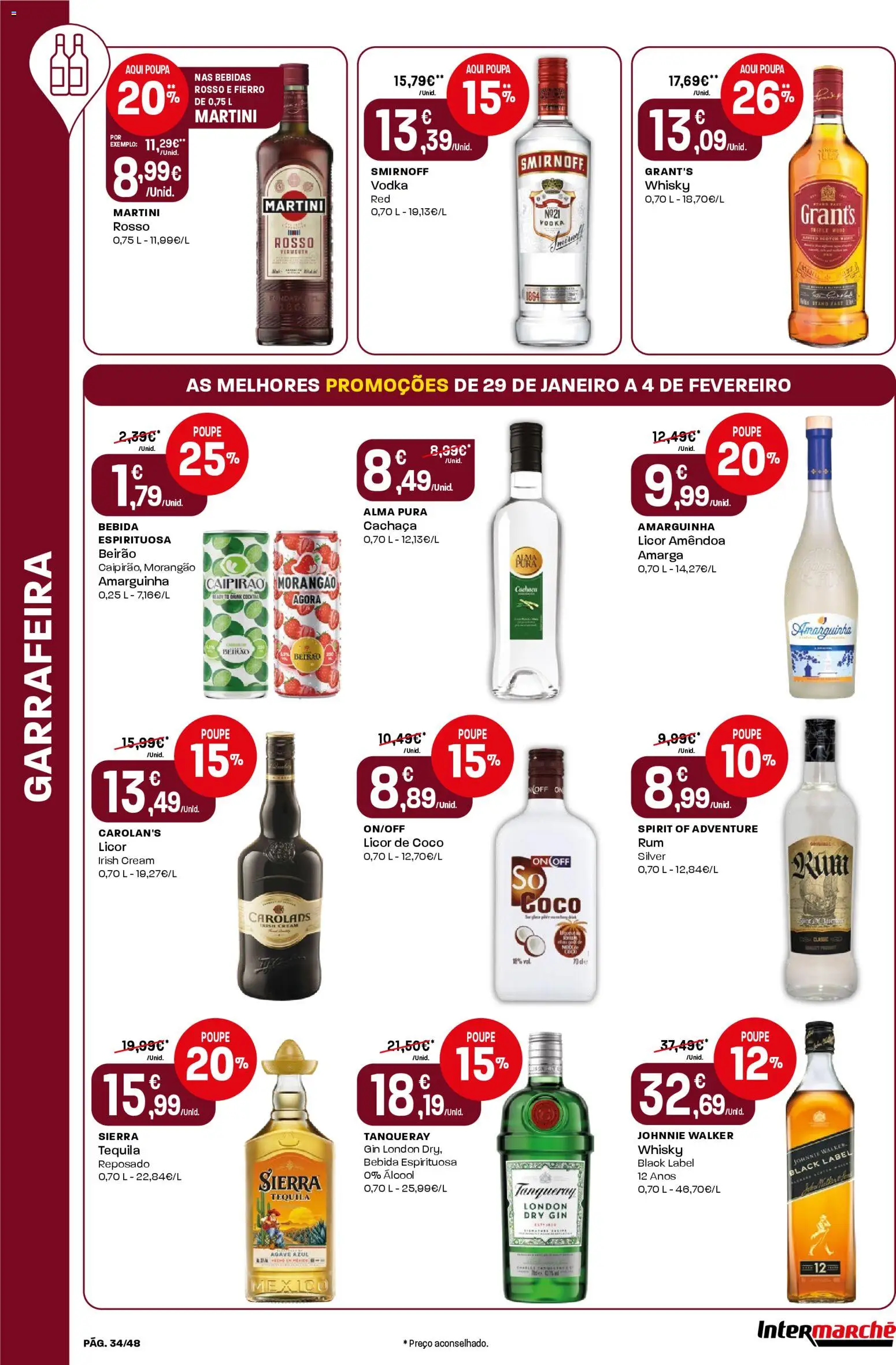 Intermarché folheto │ válido de 29.01.2026 | Página: 34 | Produtos: Whisky, Cachaça, Licor, Gin